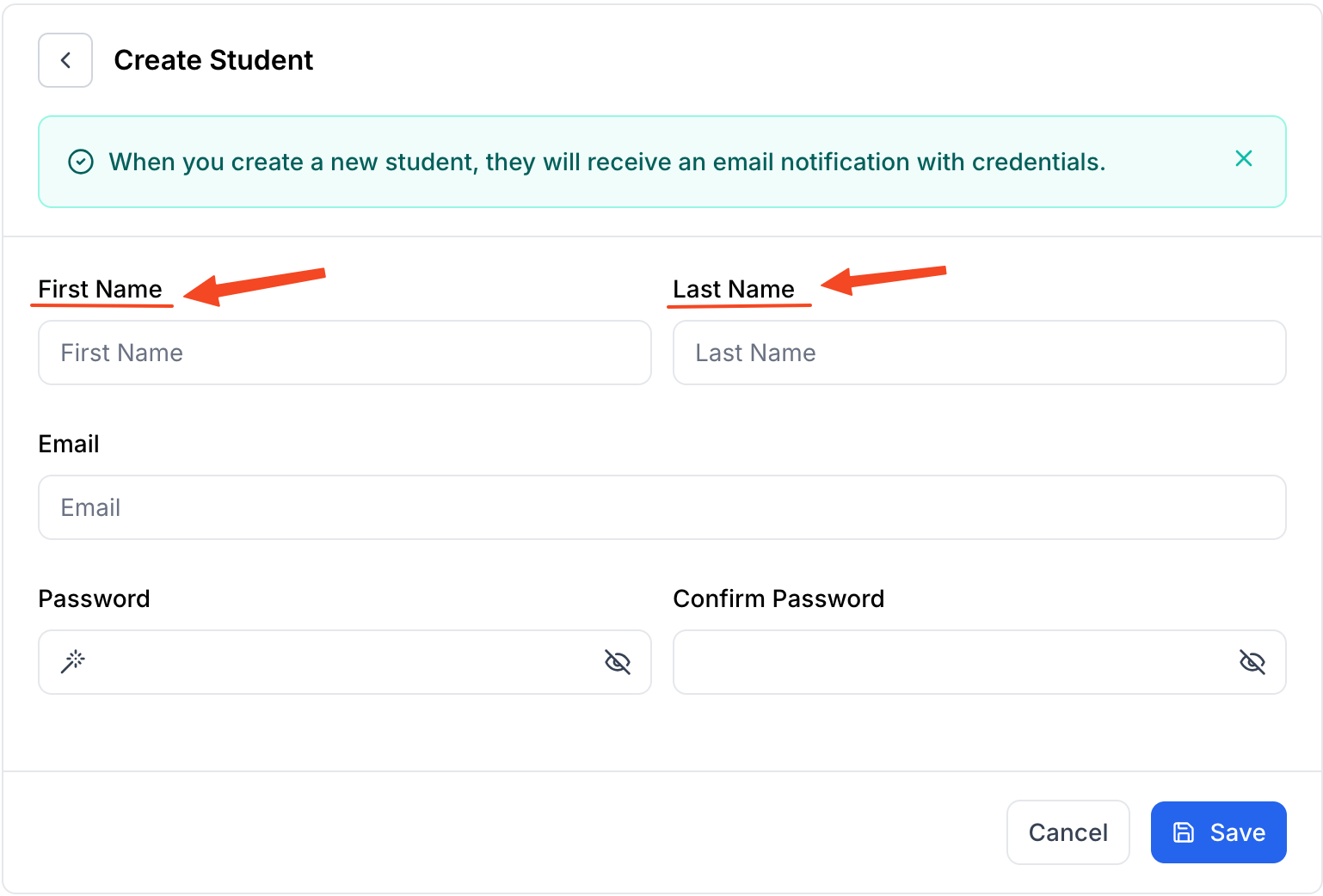 This image is a screenshot of Klasio New Student profile creation pop up with the option to insert student first name and last name in highlight.