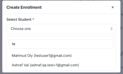 This image is a screenshot of Klasio Student Enrollments window with Create New Enrollment modal popup in highlight