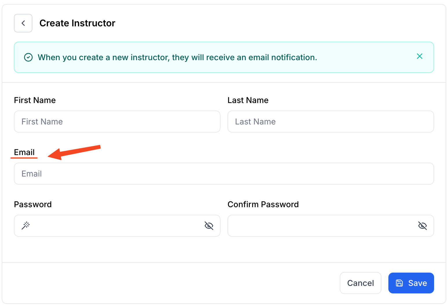 This image is a screenshot of Klasio New instructor profile creation pop up with the option to insert instructor email address in highlight.