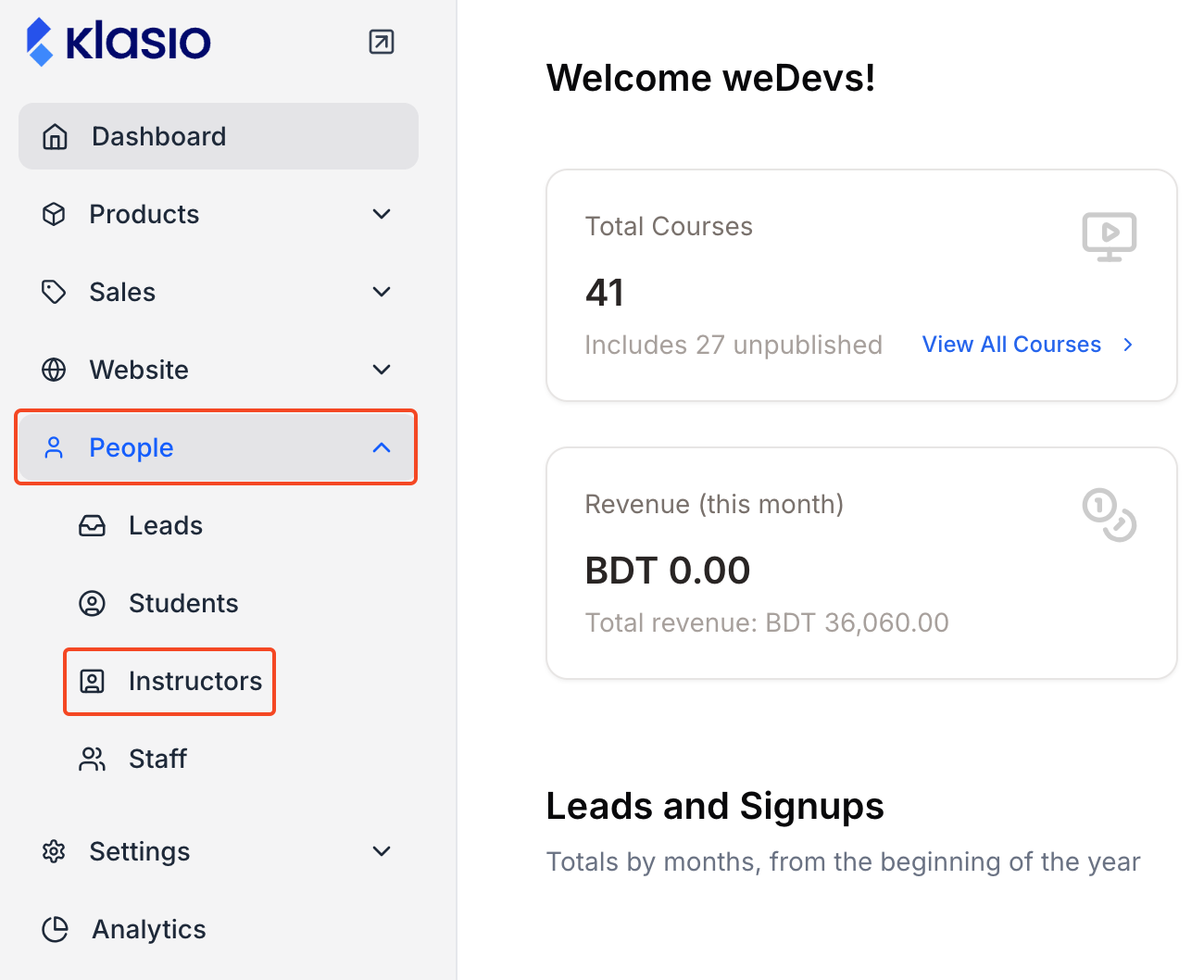This image is a screenshot of Klasio navigation menu with the Instructors tab under People in highlight.