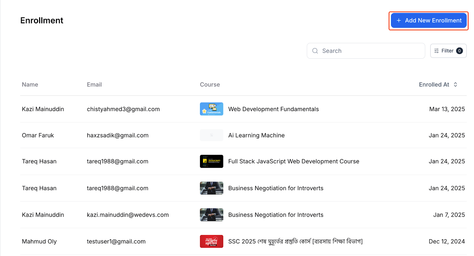 This image is a screenshot of Klasio students enrollment Add New Enrollment in highlight
