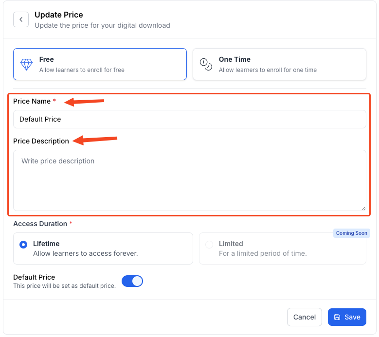 This image is a screenshot of Klasio digital downloads price configuration window with Price Name and Price Description input option in highlight