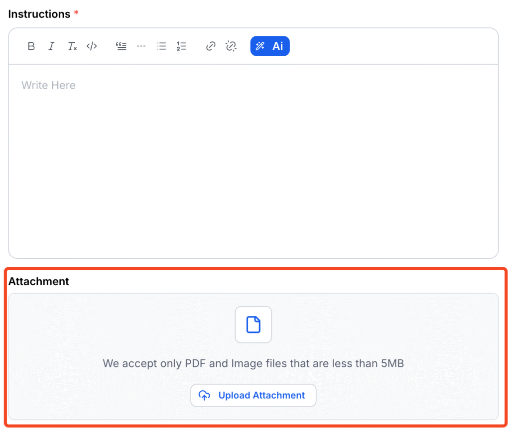 This image is a screenshot of Klasio New Assignment Creation window with the option to insert necessary assignment resources in highlight