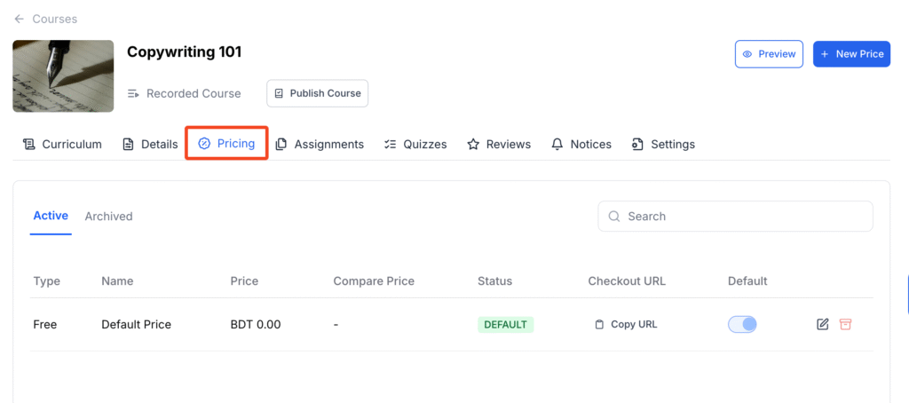 This image contains the screenshot of Klasio course editing menu with Pricing tab in highlight.