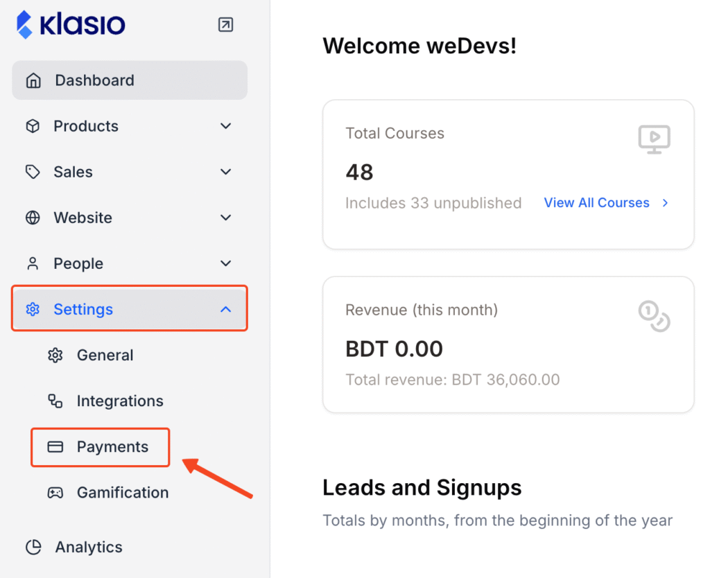 This image is a screenshot of Klasio admin dashboard with the Payments tab under Settings menu in highlight.