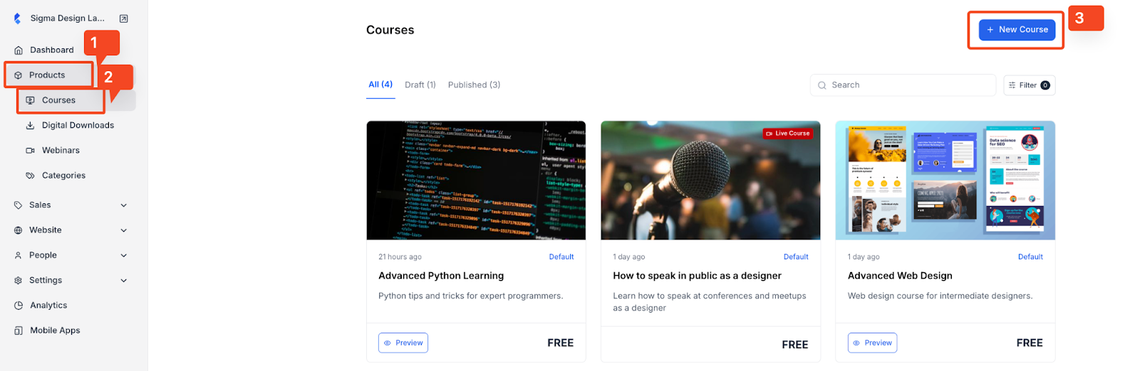 Screenshot of Klasio courses window under Products menu