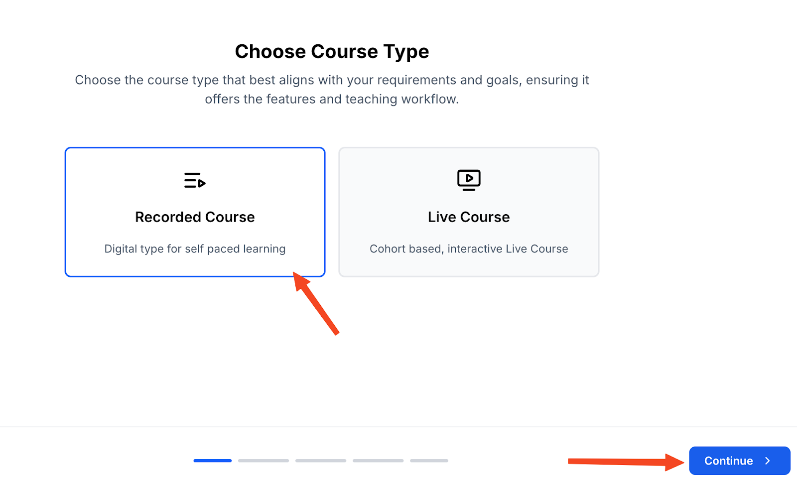 Screenshot of choosing between Recorded Course and Live Course