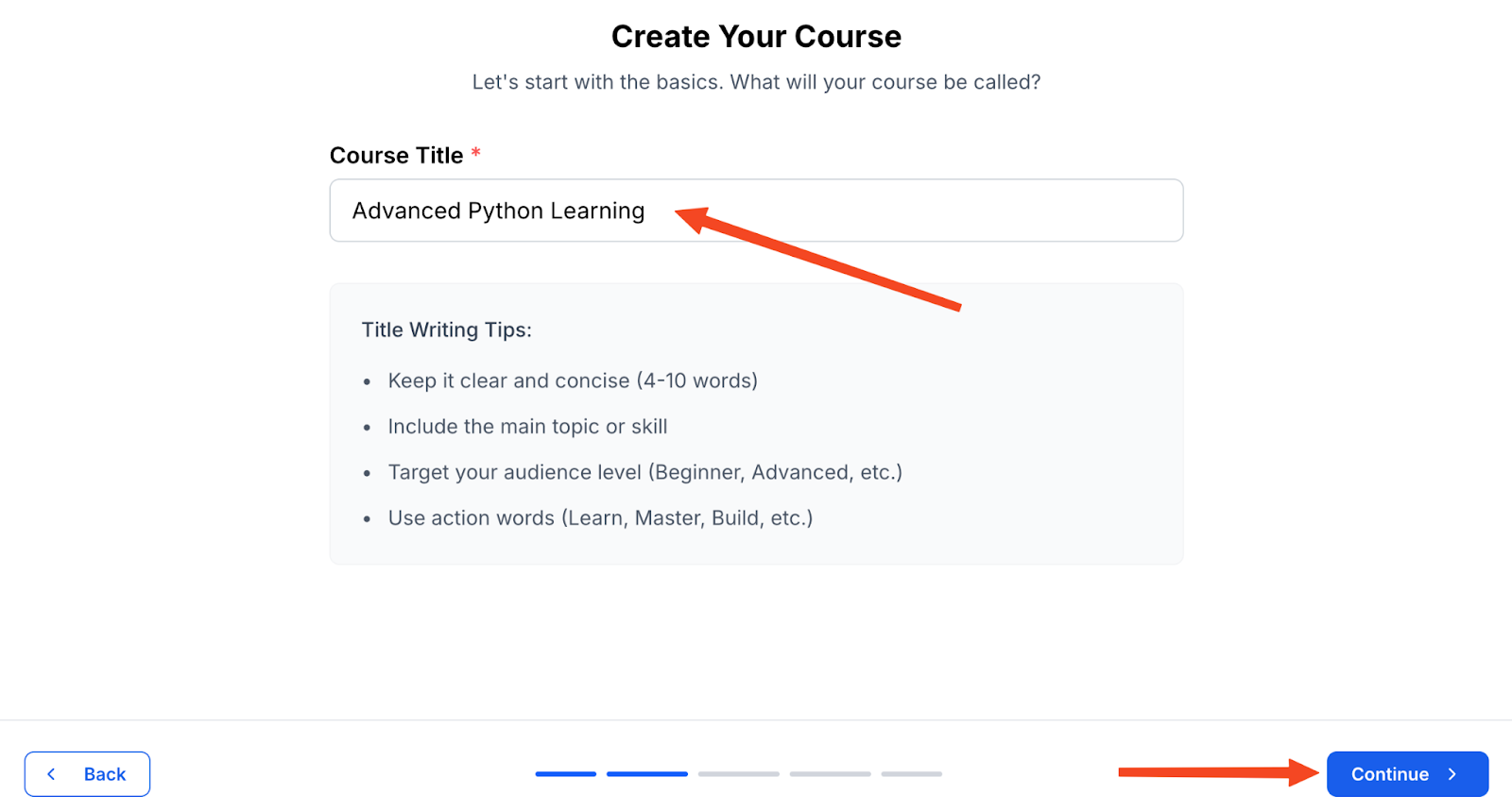 Screenshot of inserting course title inside Klasio course builder