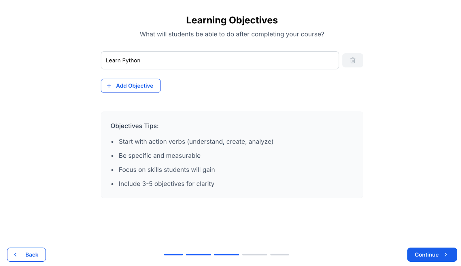 Screenshot of setting up learning objectives for a course