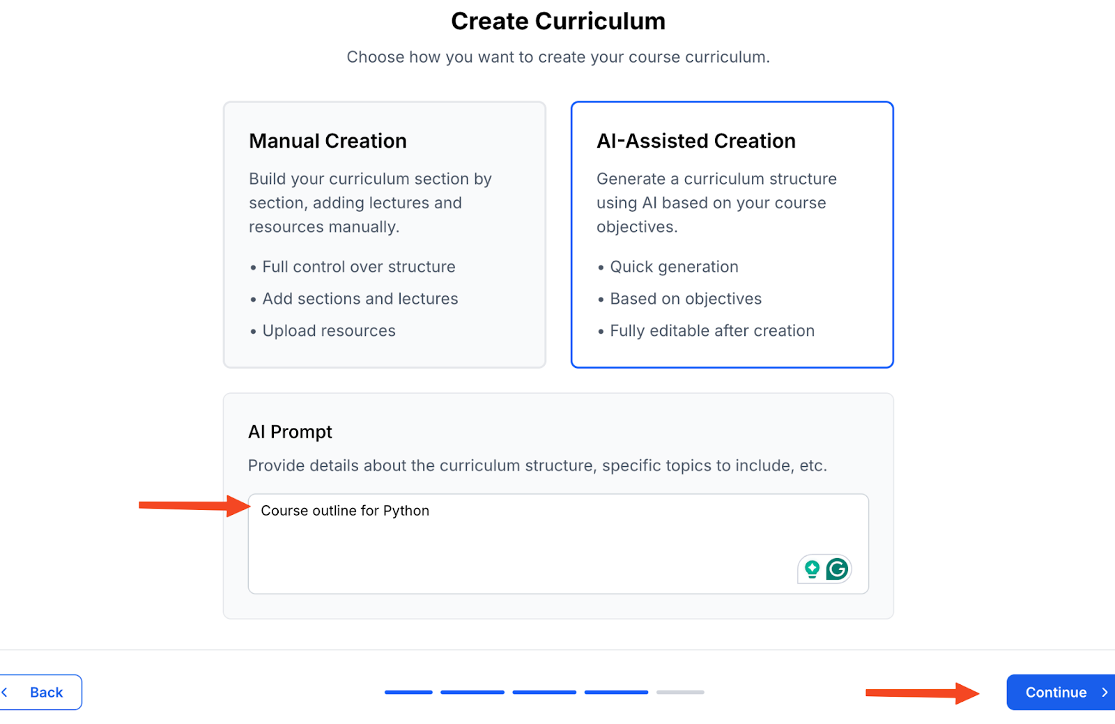 Screenshot of the option to choose AI-assisted course creation