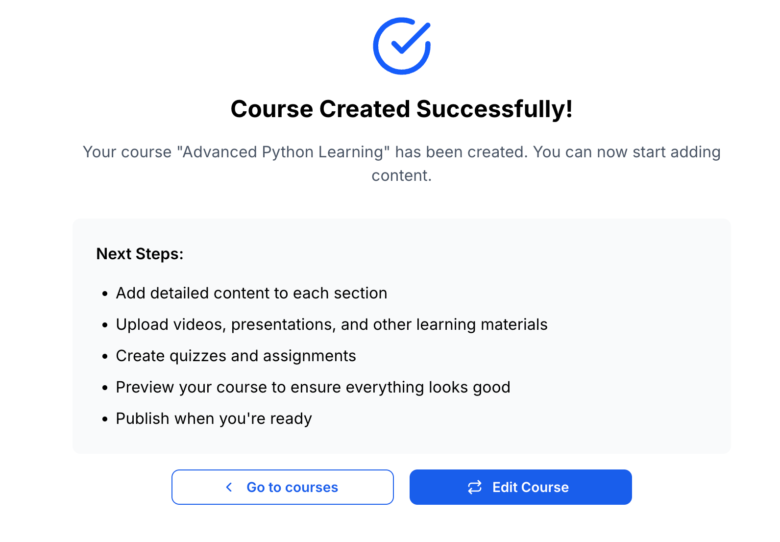 Success message on creating a course using AI curriculum builder inside Klasio