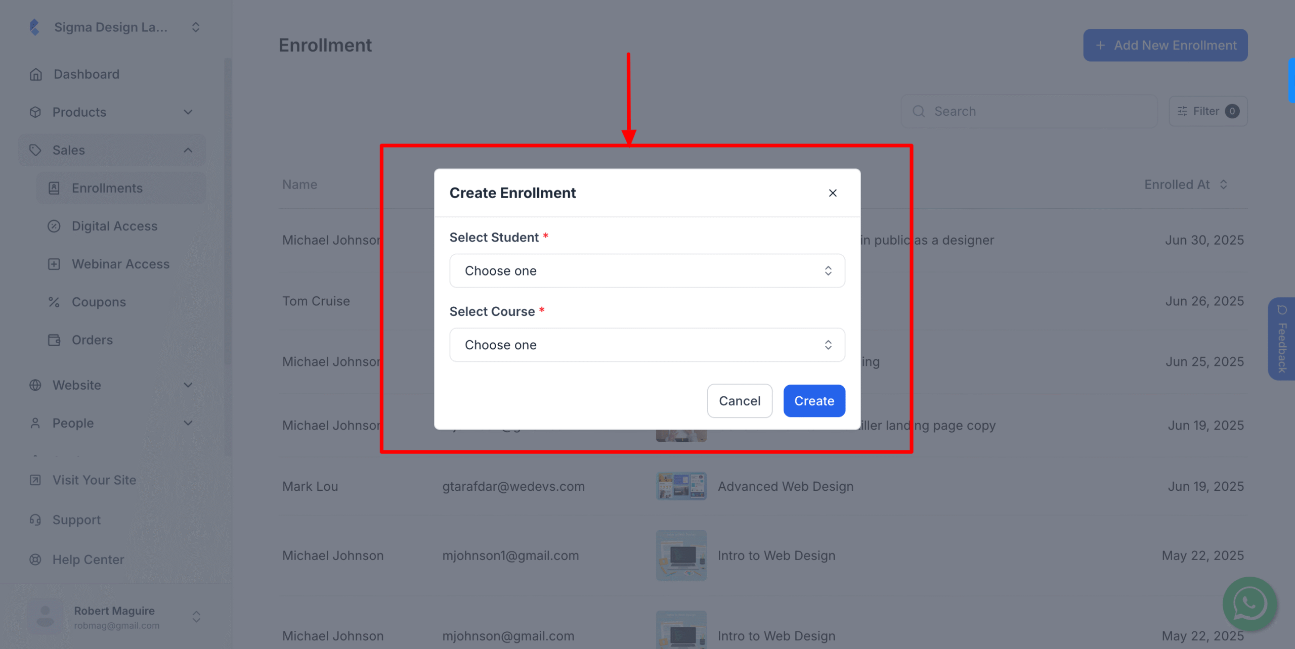This image is a screenshot of Klasio Student Enrollments window with Create New Enrollment modal popup in highlight
