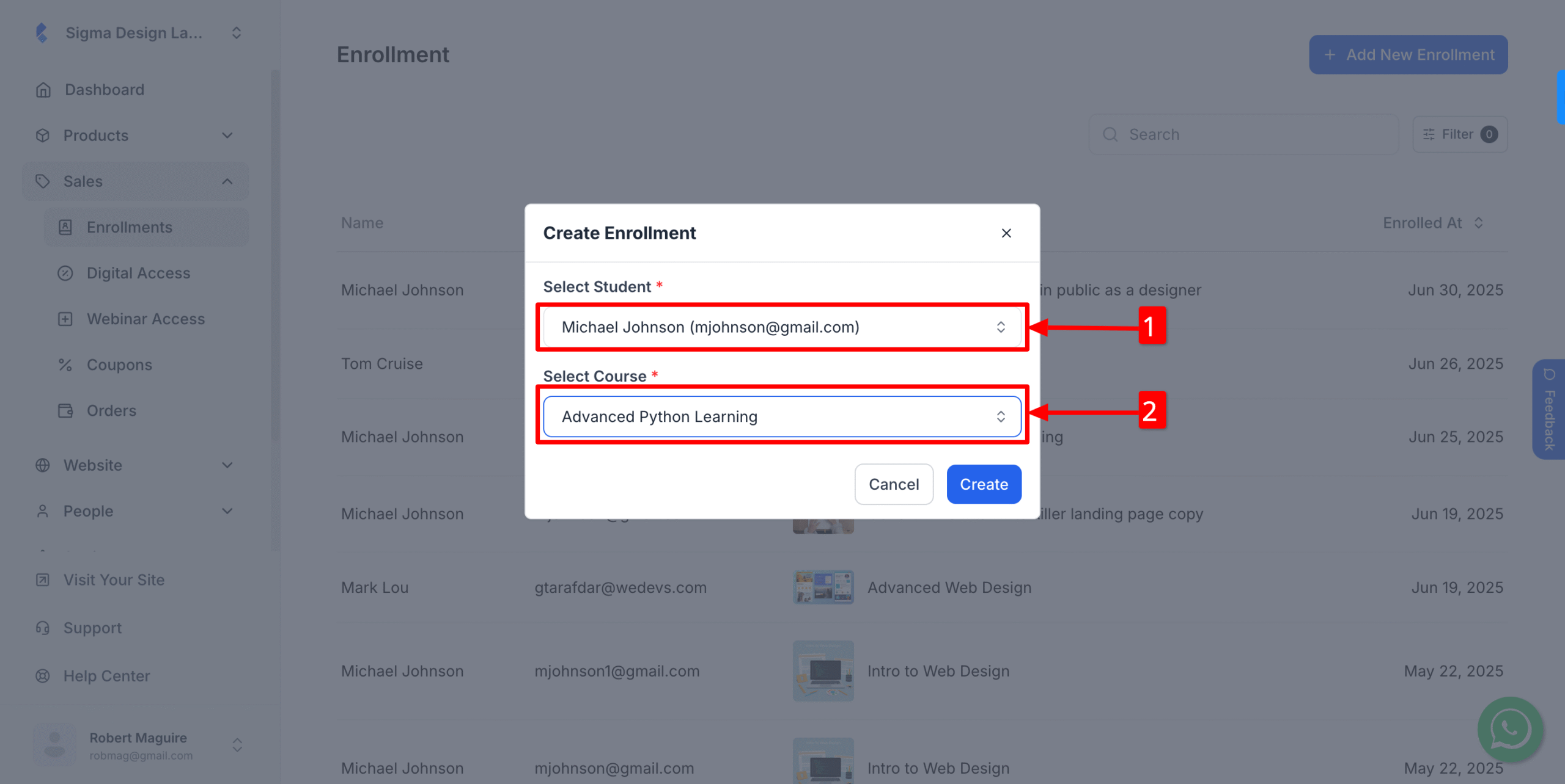 This image is a screenshot of Klasio Student Enrollments window with Select Course option in highlight