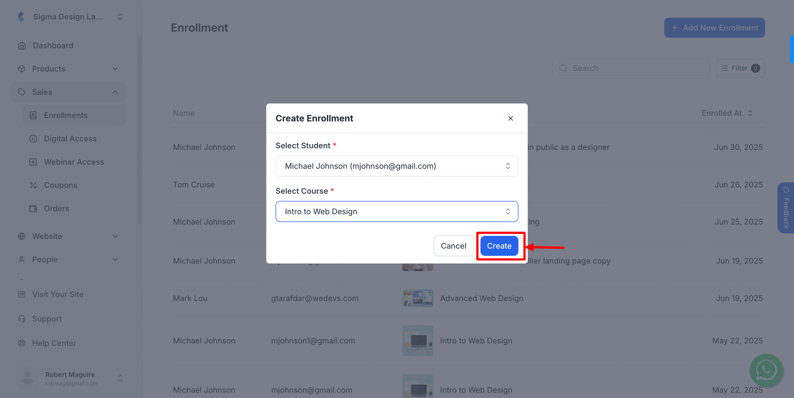 This image is a screenshot of Klasio Student Enrollments window with Create button in highlight