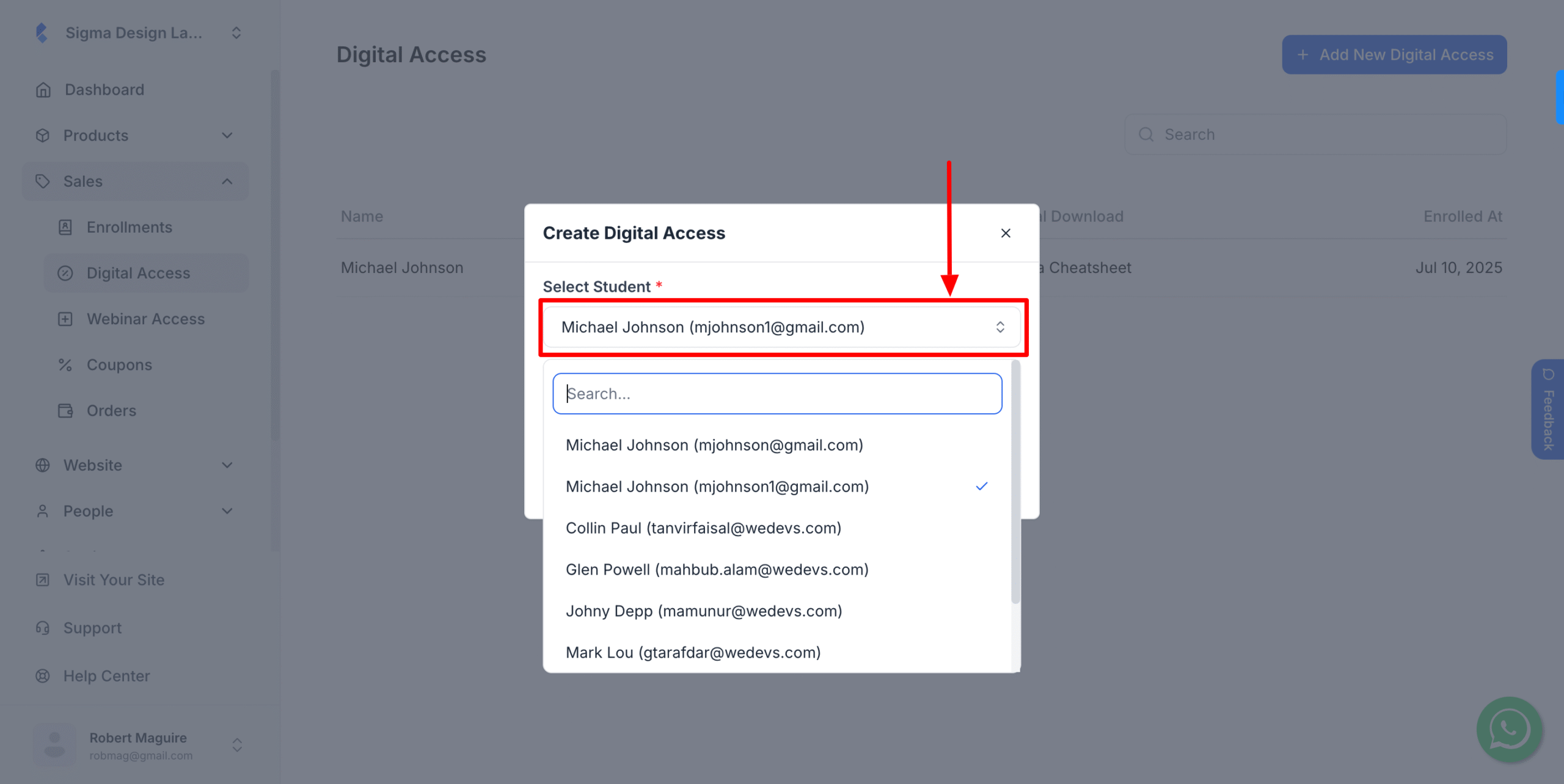 This image is a screenshot of Klasio Digital Access settings window with the option to select a specific student in highlight.