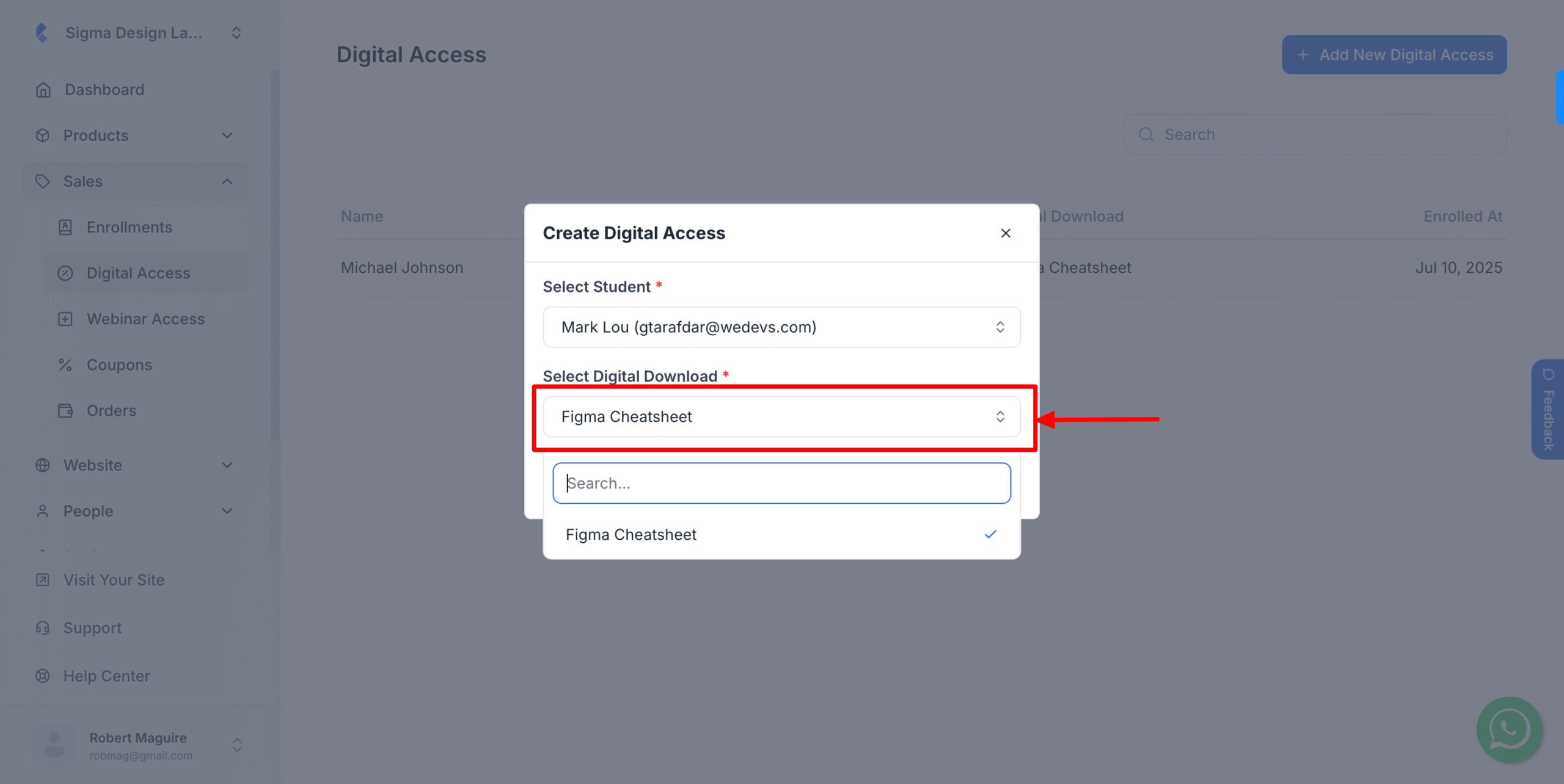 This image is a screenshot of Klasio Digital Access settings window with the option to select a specific course in highlight.