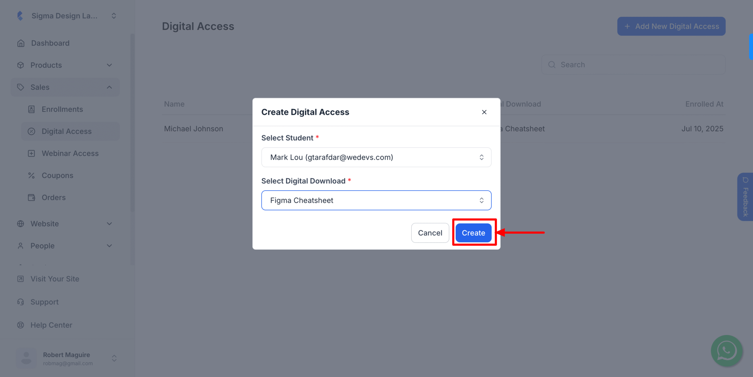 This image is a screenshot of Klasio Digital Access settings window with 'Create' button in highlight.