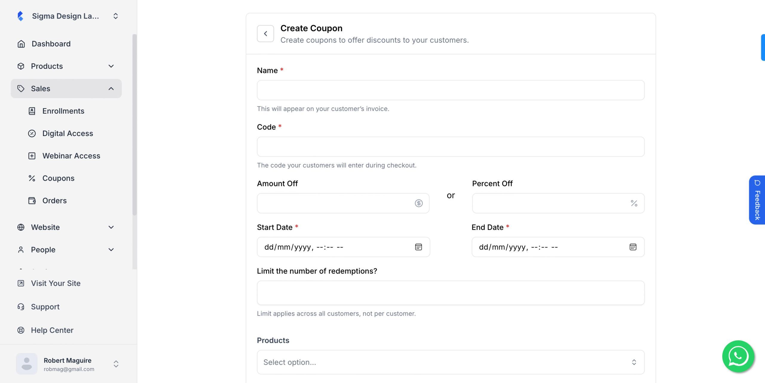 This image is a screenshot of Klasio coupon creation window with a form to input coupon name, code, amount/percentage off, start date, end date, redemptions limit etc. in highlight.