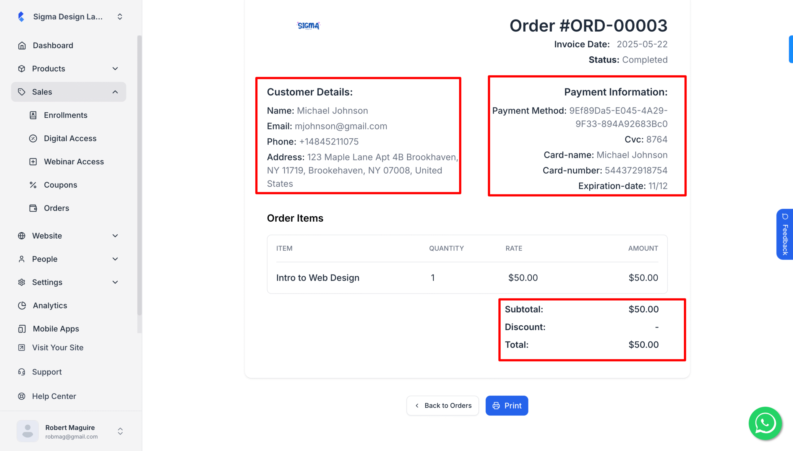 This image is a screenshot of Klasio order information of a specific customer.