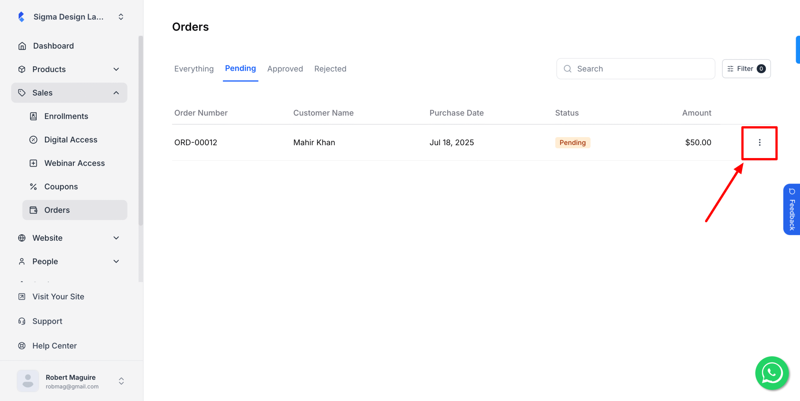 This image is a screenshot of Klasio Orders menu with the three dots beside a particular pending order in highlight.