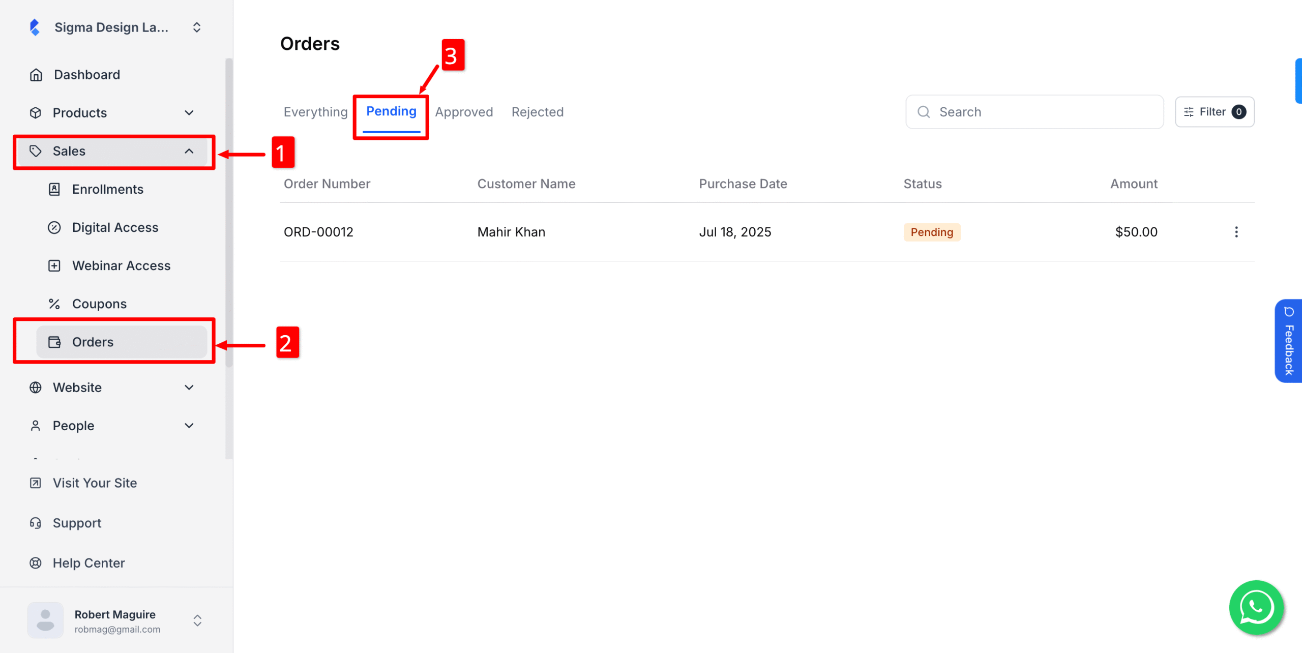 This image is a screenshot of Klasio Orders menu with the tab for pending orders in highlight.
