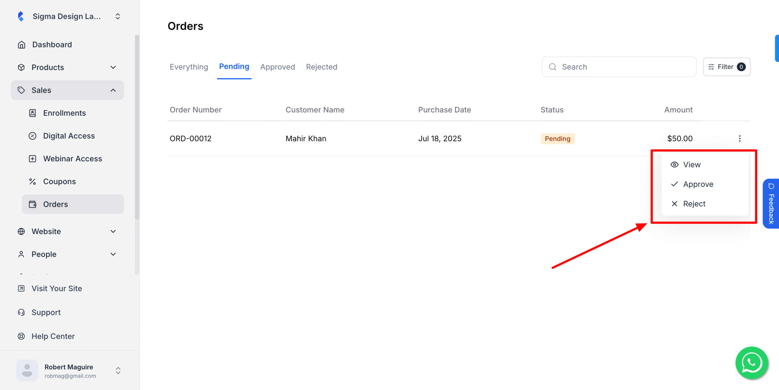 This image is a screenshot of Klasio Orders menu with pop up modal for approving or rejecting a pending order in highlight.