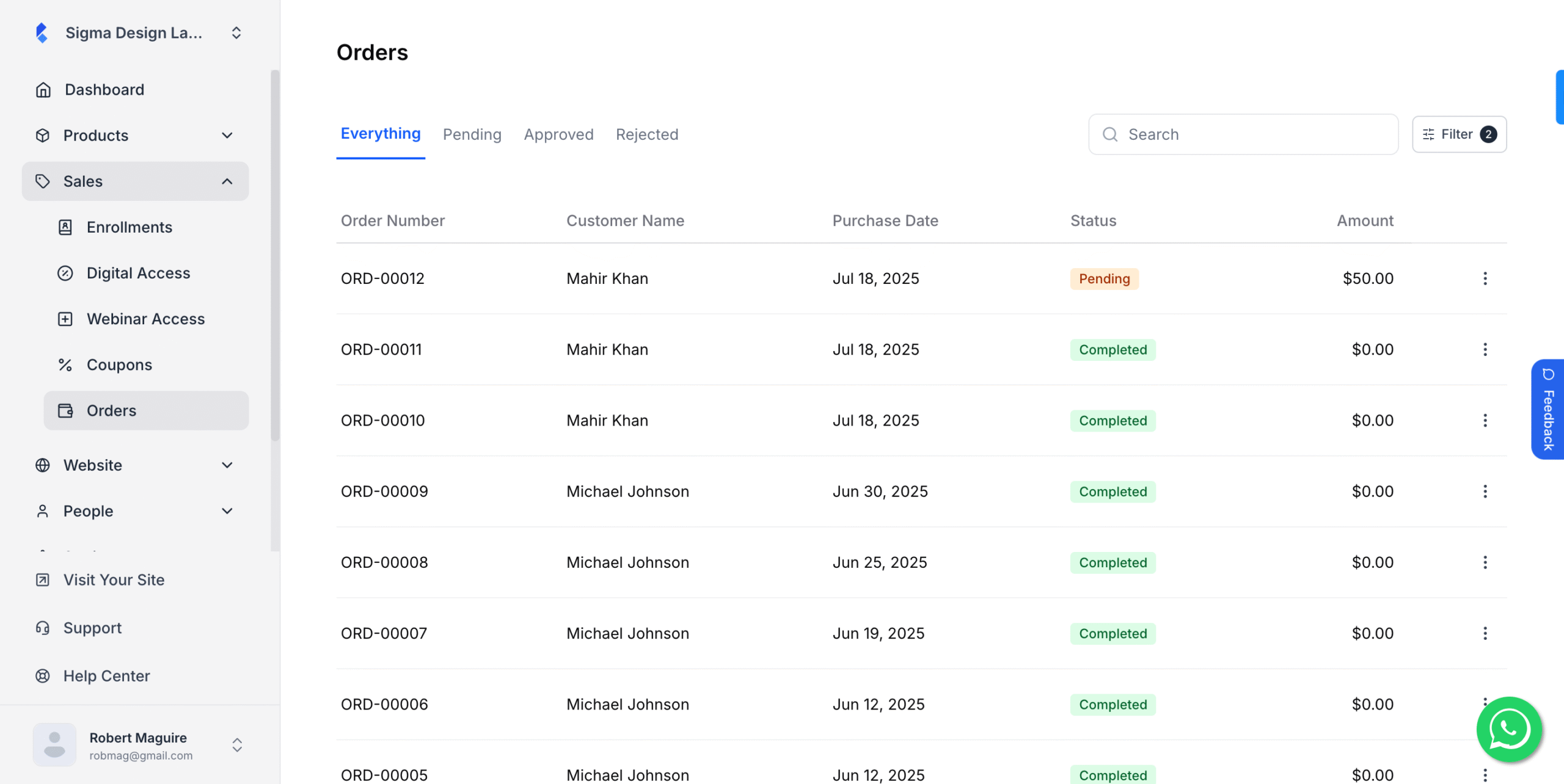 This image is a screenshot of Klasio orders menu with the orders for a specific time period in display.