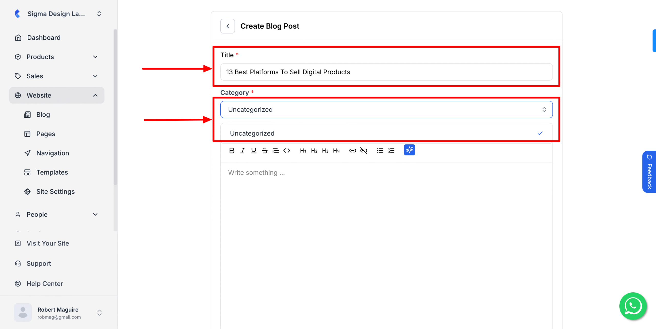 This image is a screenshot of Klasio New Blog Post creation window with the Blog Title, Slug and Categories in highlight.