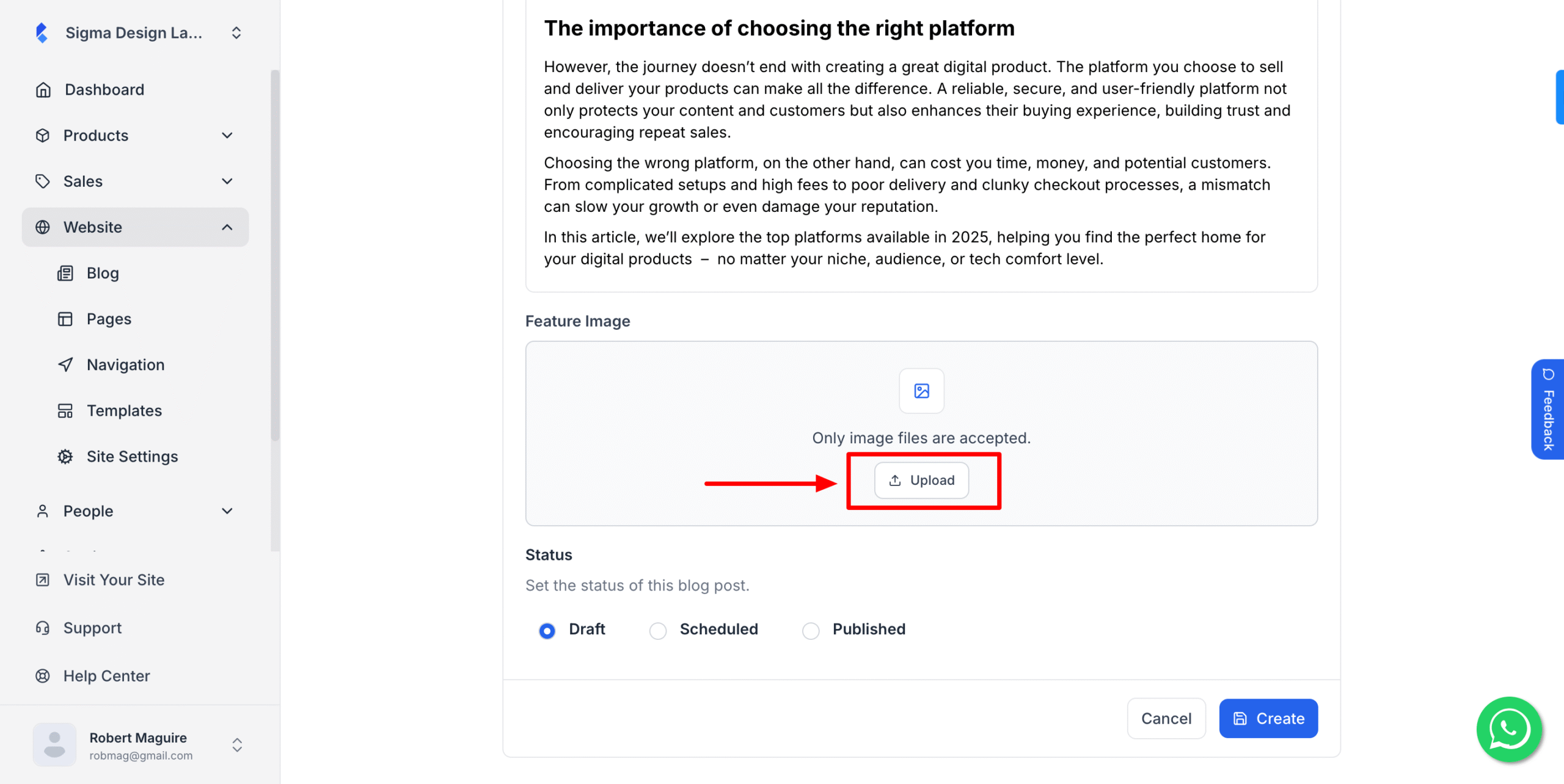 This image is a screenshot of Klasio Blog post creation window with the option to add featured image in highlight.