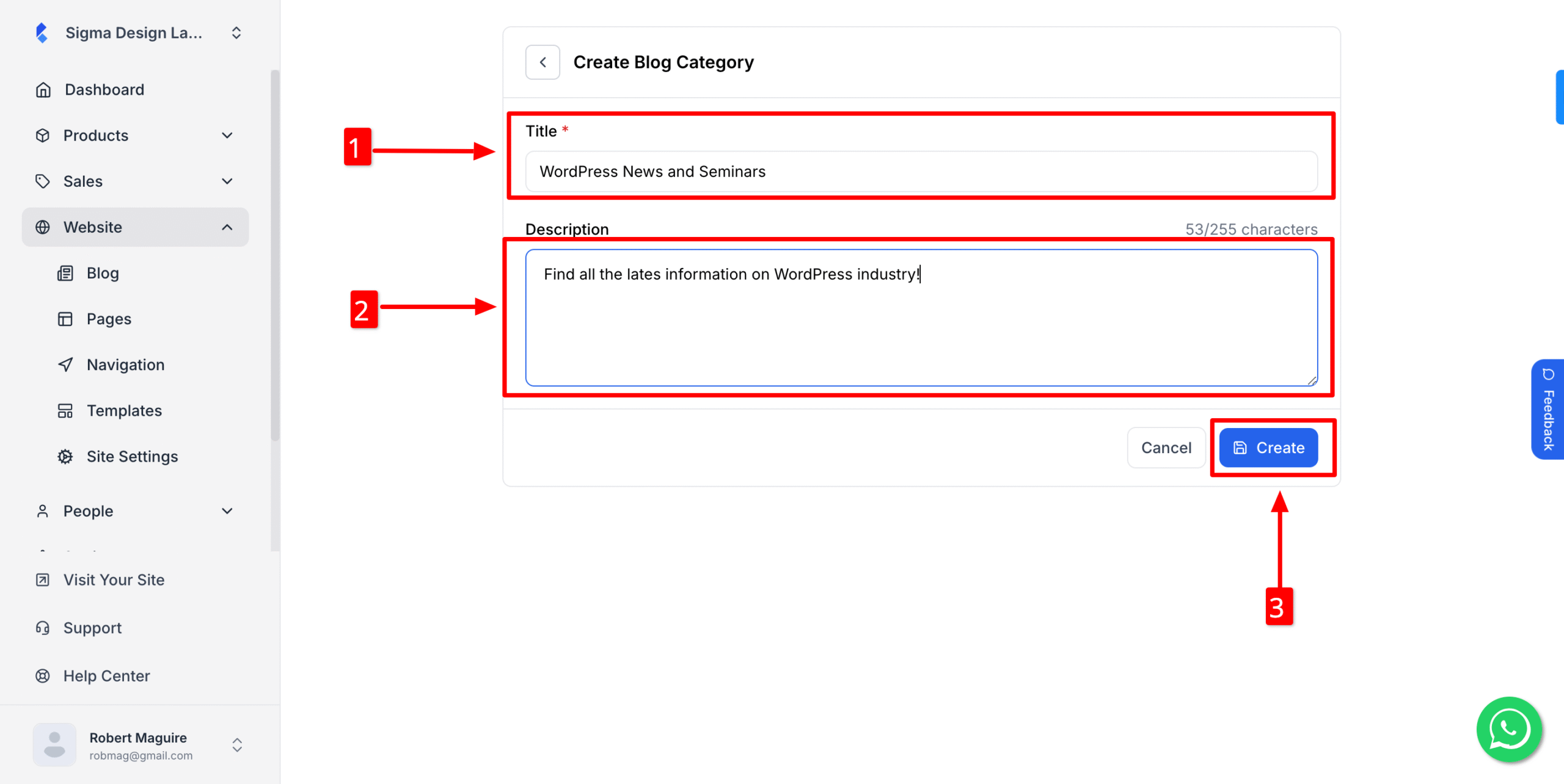 This image is a screenshot of Klasio blog category creation window with Category title and Description in highlight.