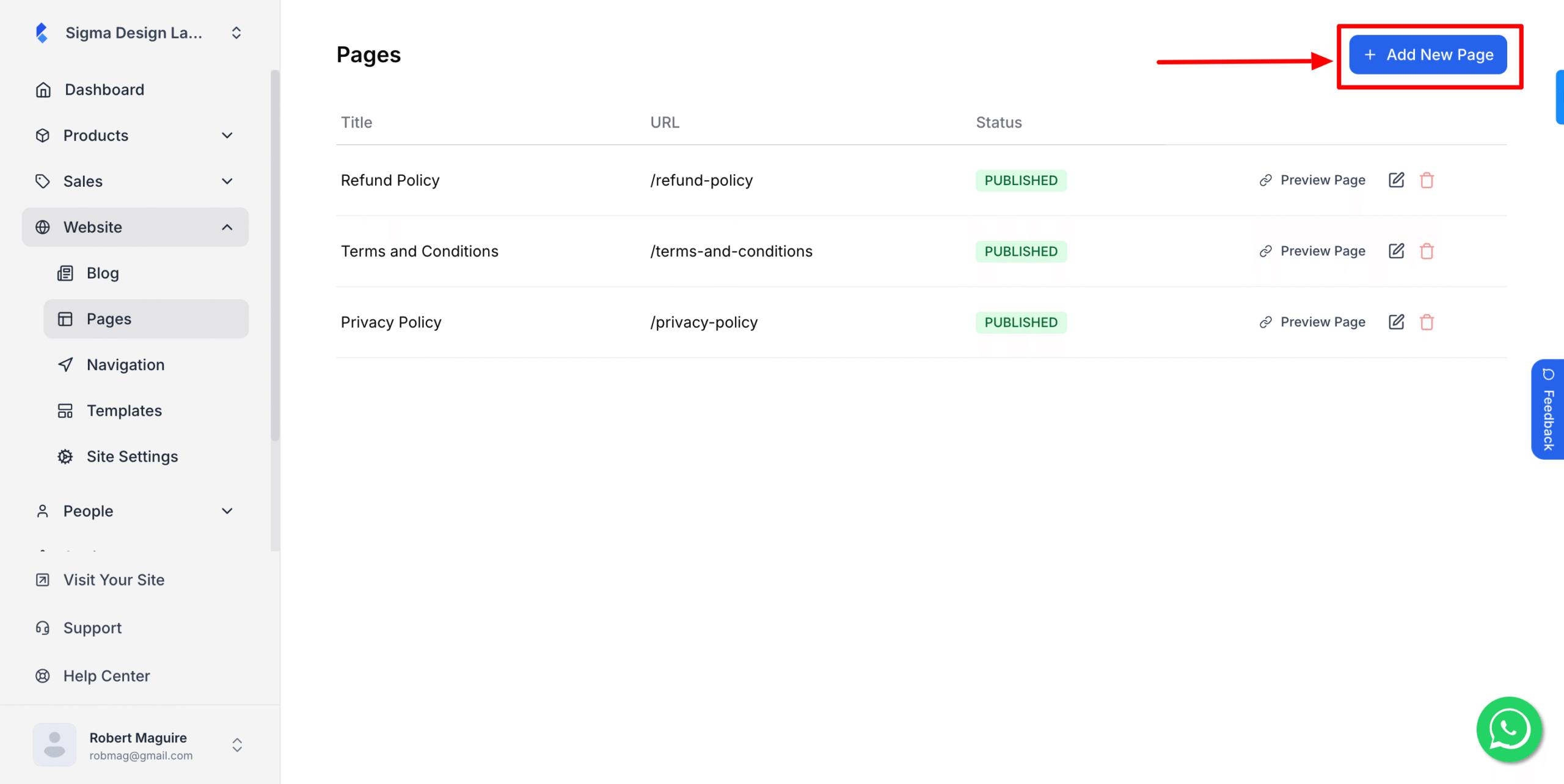 This image is a screenshot of Pages menu with the Add New Page button in highlight