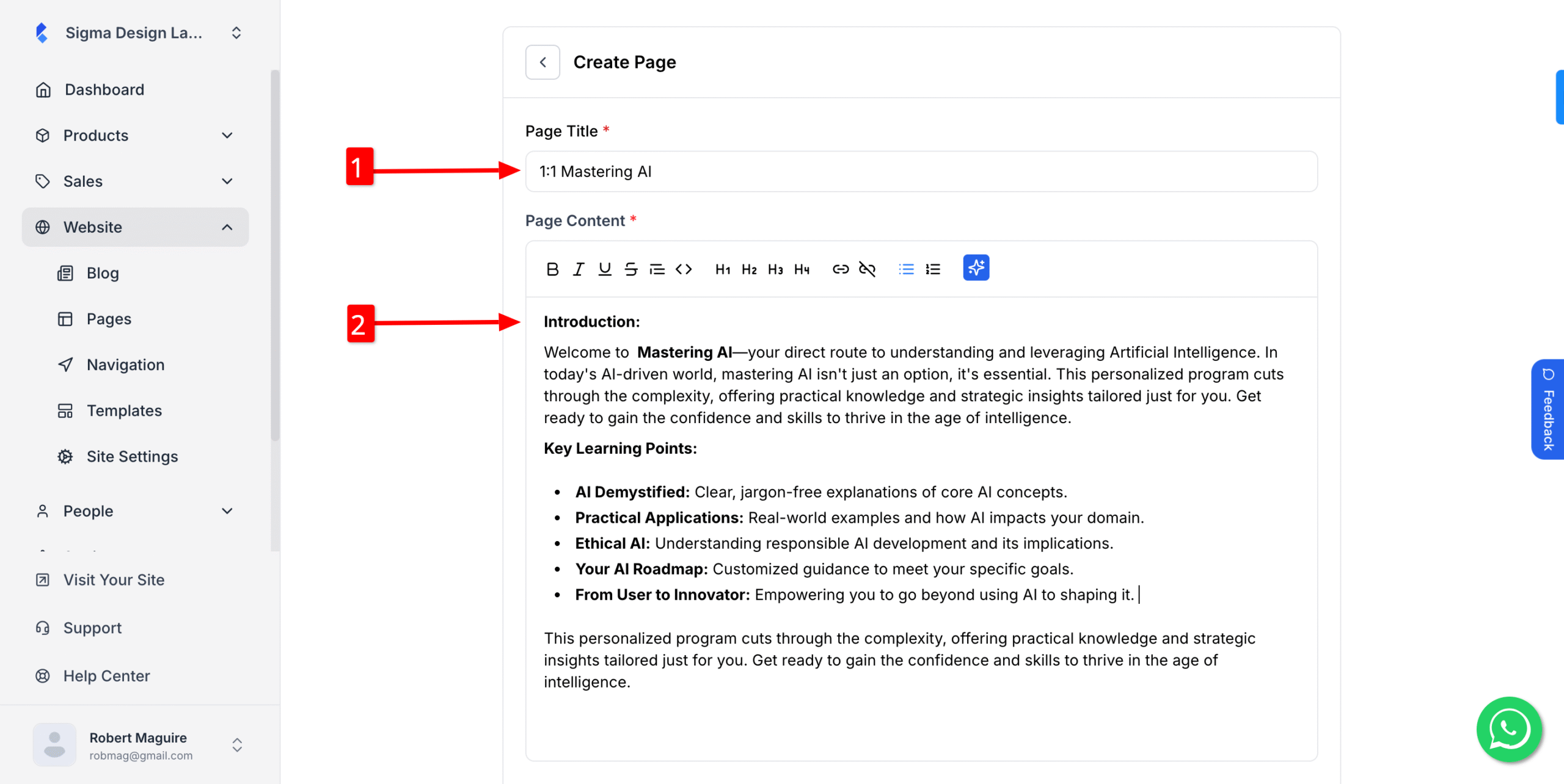 This image is a screenshot of Page Content insertion options in Pages tab under Klasio Website menu.