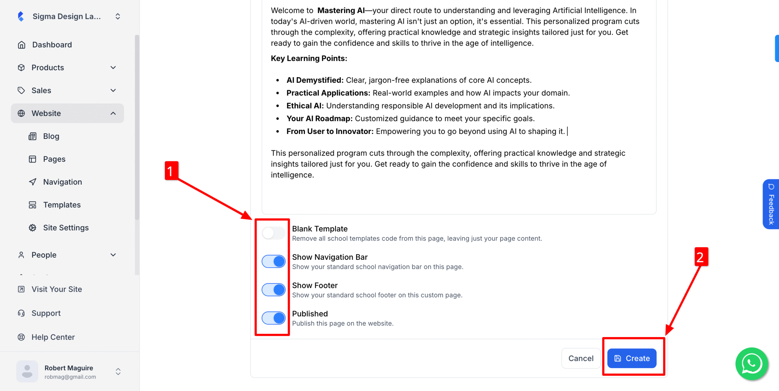 This image is a screenshot of Page Settings Configuration options in Pages tab under Klasio Website menu with the Create button in highlight.