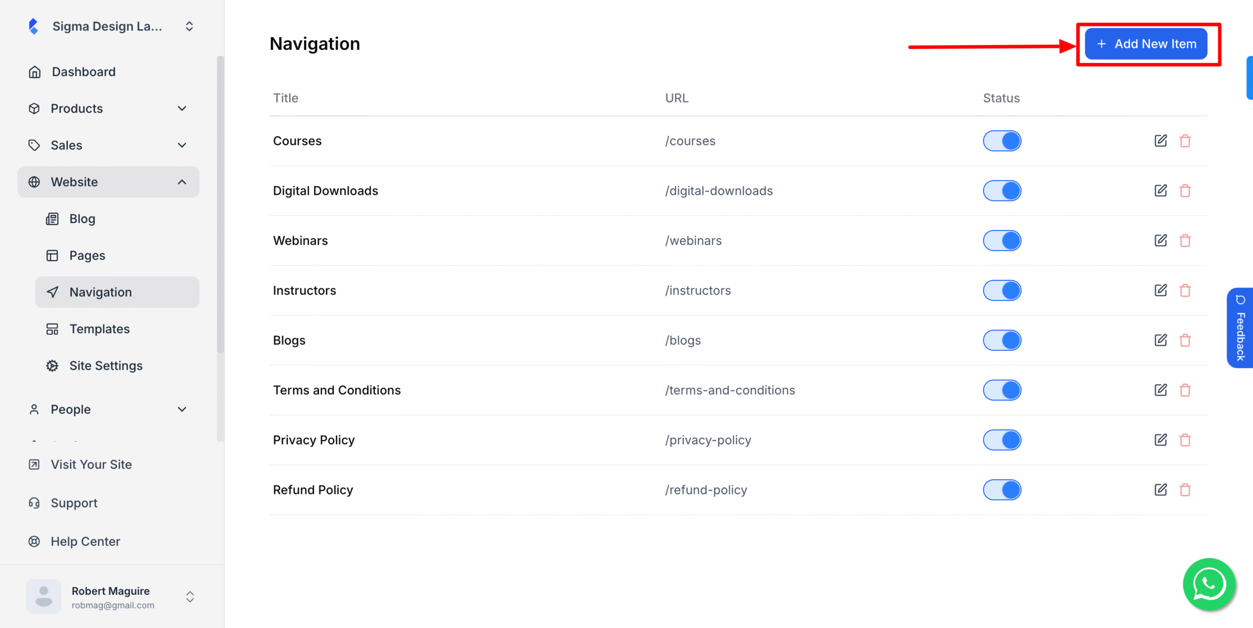 This image is a screenshot of Klasio Navigation tab under Website menu with Add New Item button in highlight.