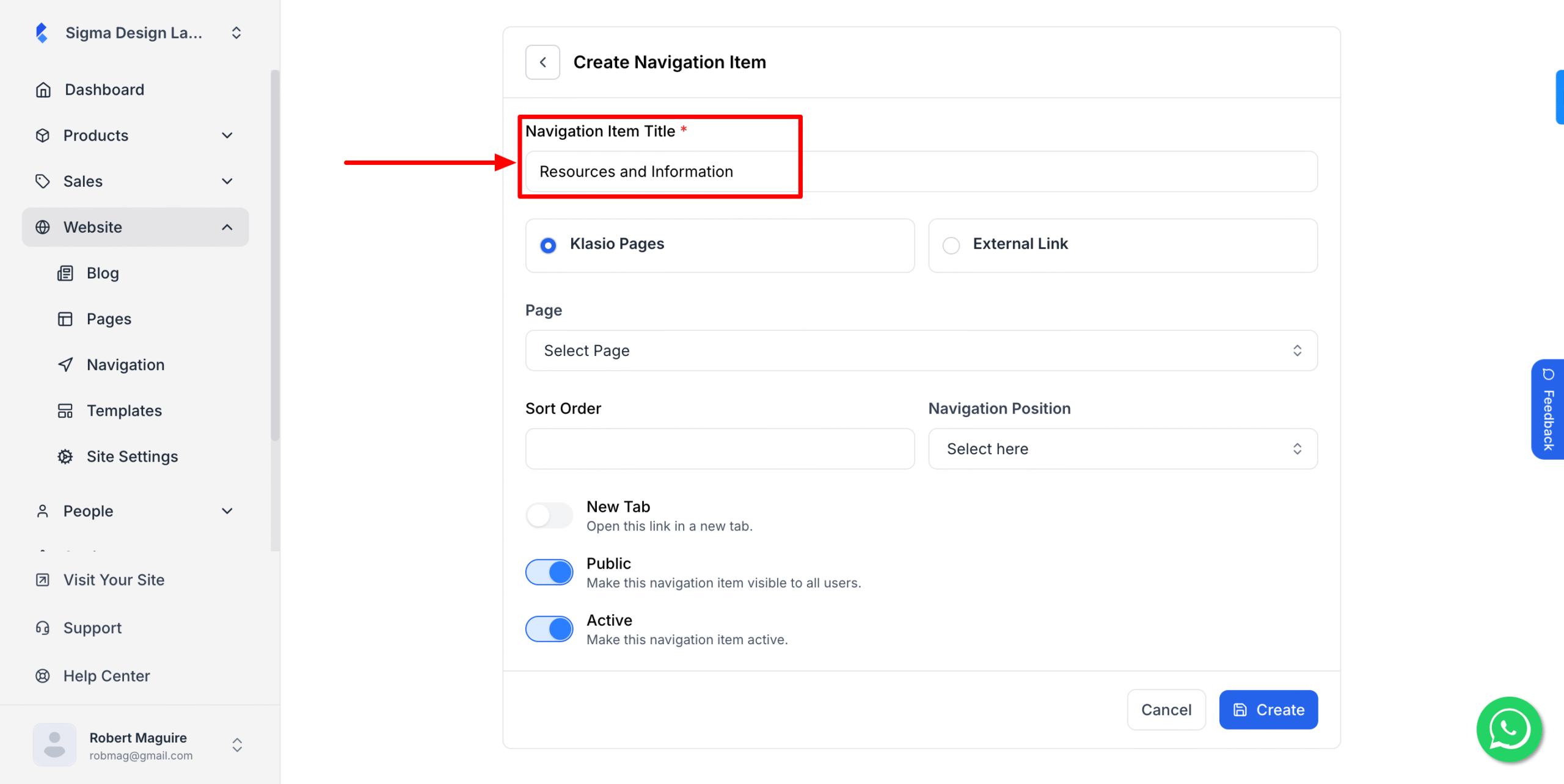 This image is a screenshot of Klasio New Navigation option with Navigation Title in highlight.