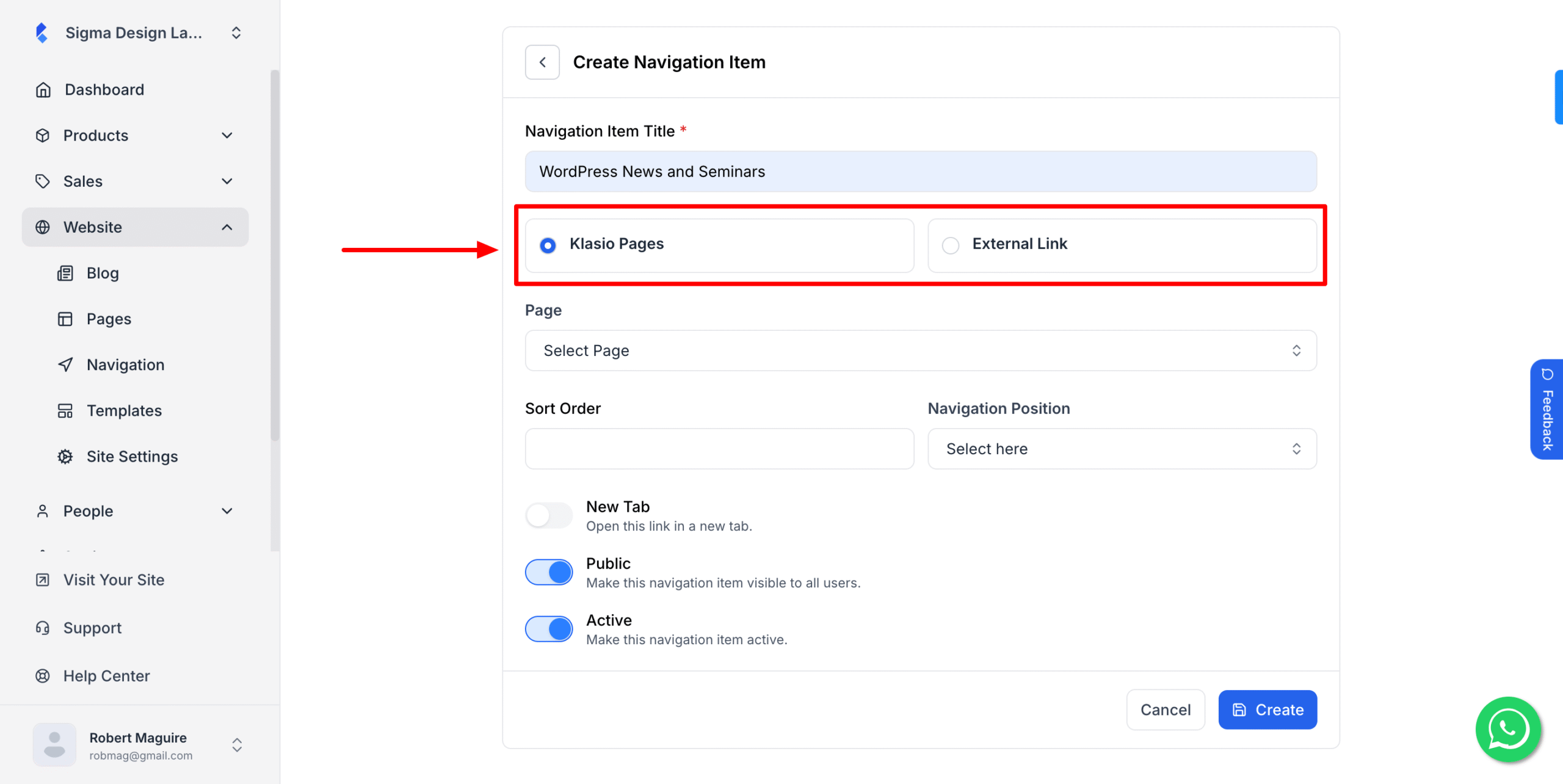 This image is a screenshot of Klasio New Navigation creation window with the option to select page type in highlight.