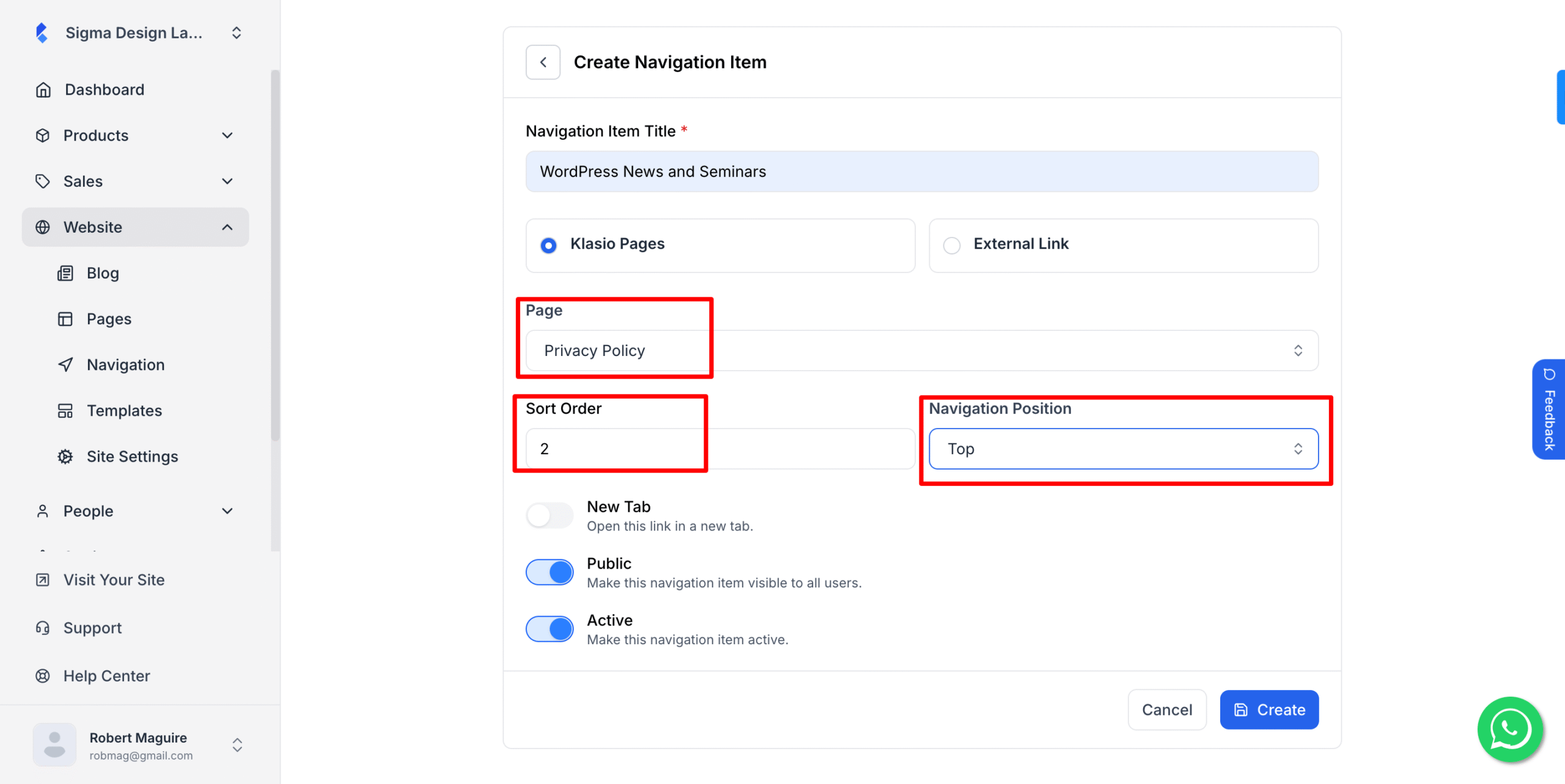 This image is a screenshot of Klasio New Navigation creation window with the option to select page order and position in highlight.