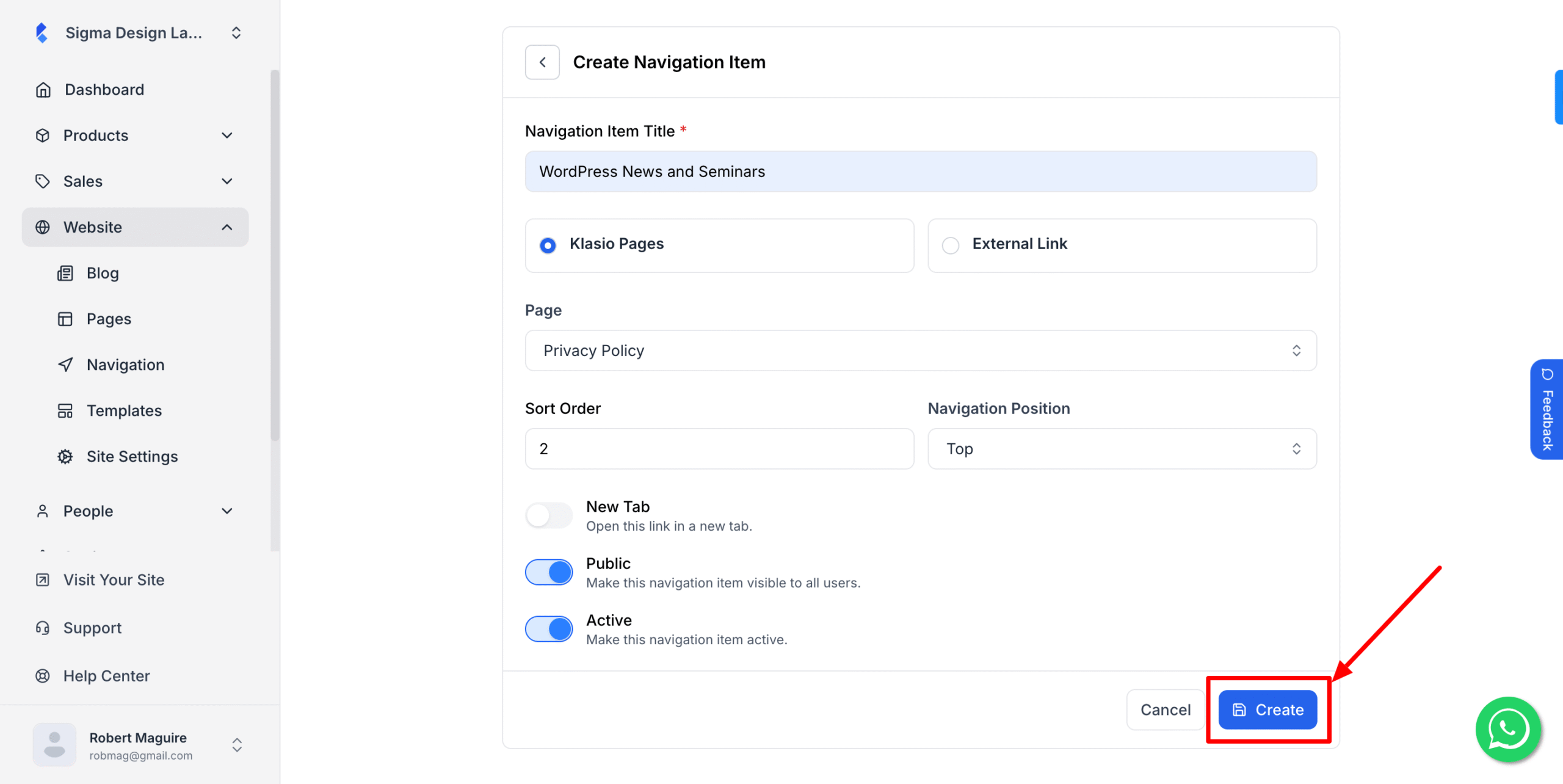 This image is a screenshot of Klasio New Navigation creation window with the Create button in highlight.