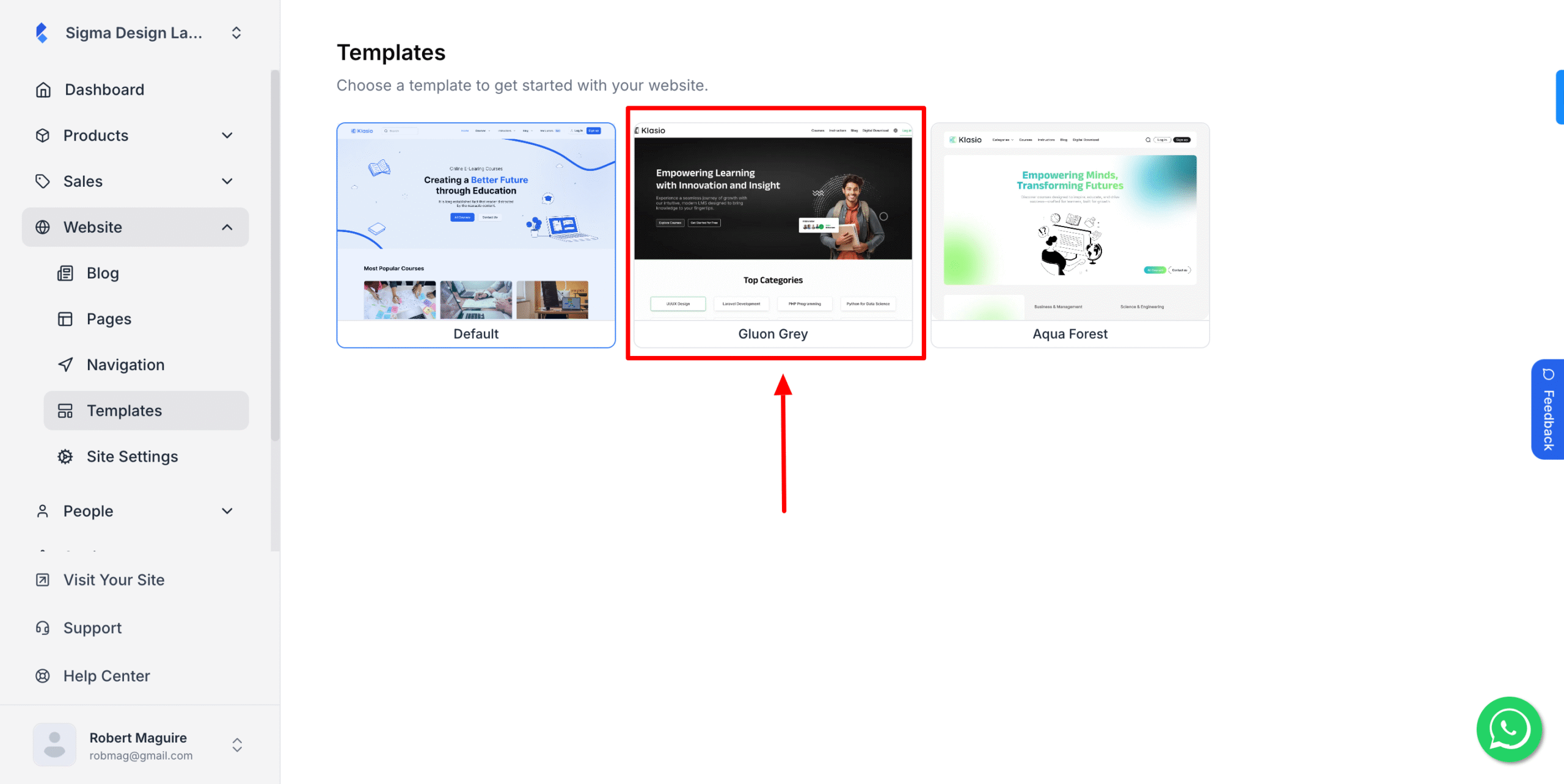 This image is a screenshot of Klasio Templates tab under Website menu with different academy website templates in display.