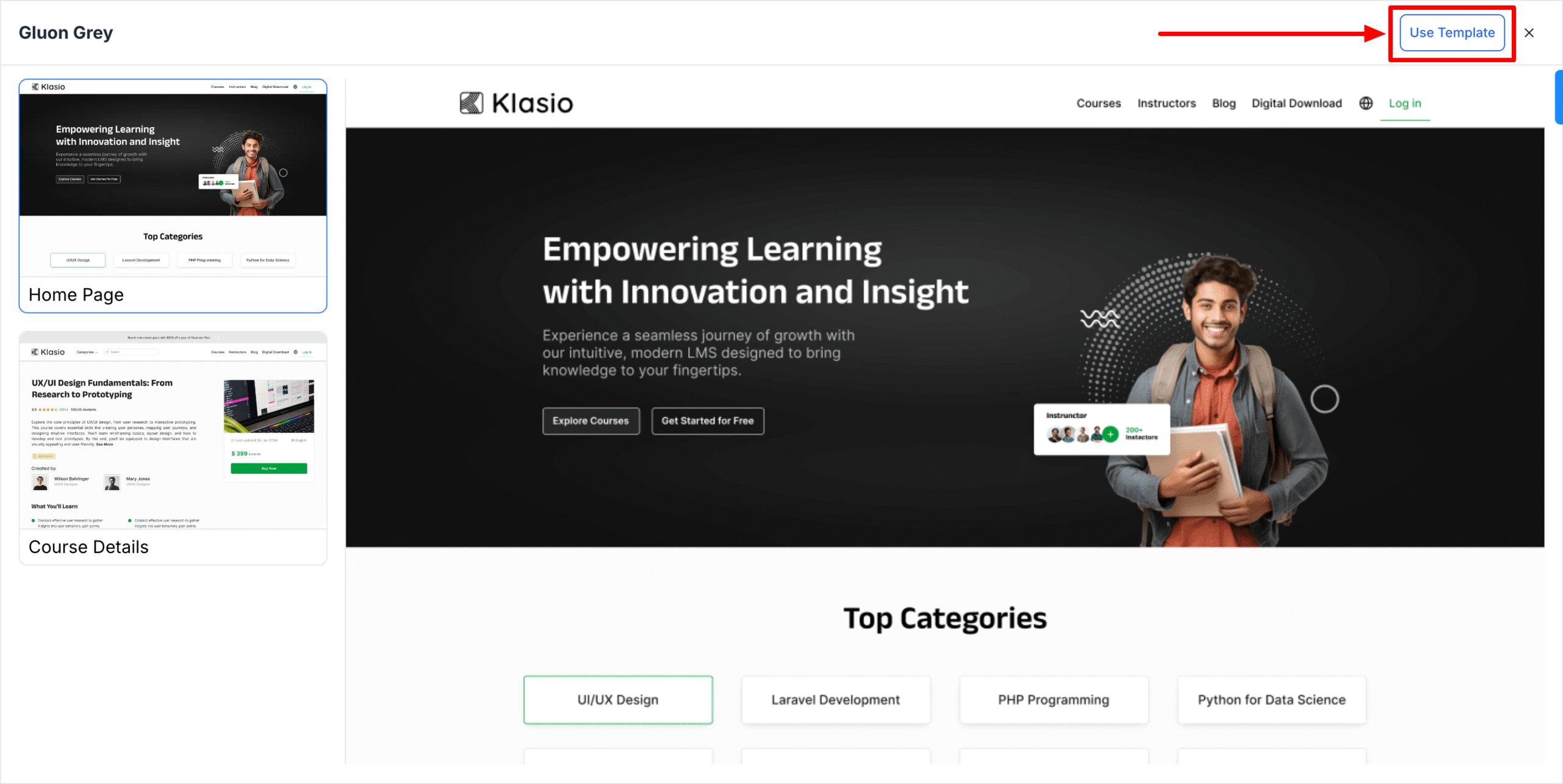 This image is a screenshot of Klasio Templates tab under Website menu with Use Template button in highlight.