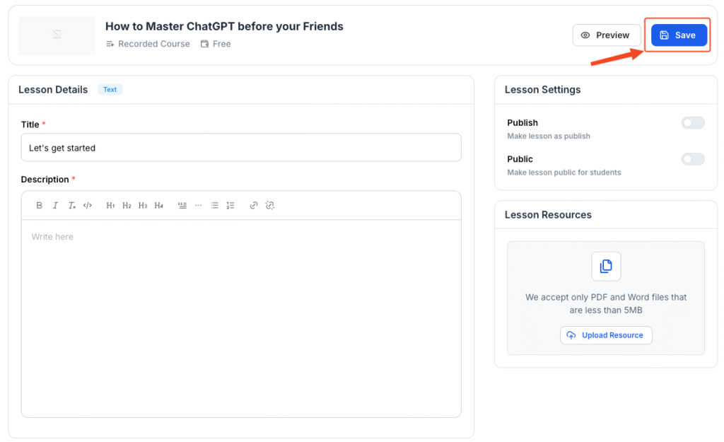 This image is a screenshot of Klasio 
 new lesson creating screen with the 'Save' in highlight.