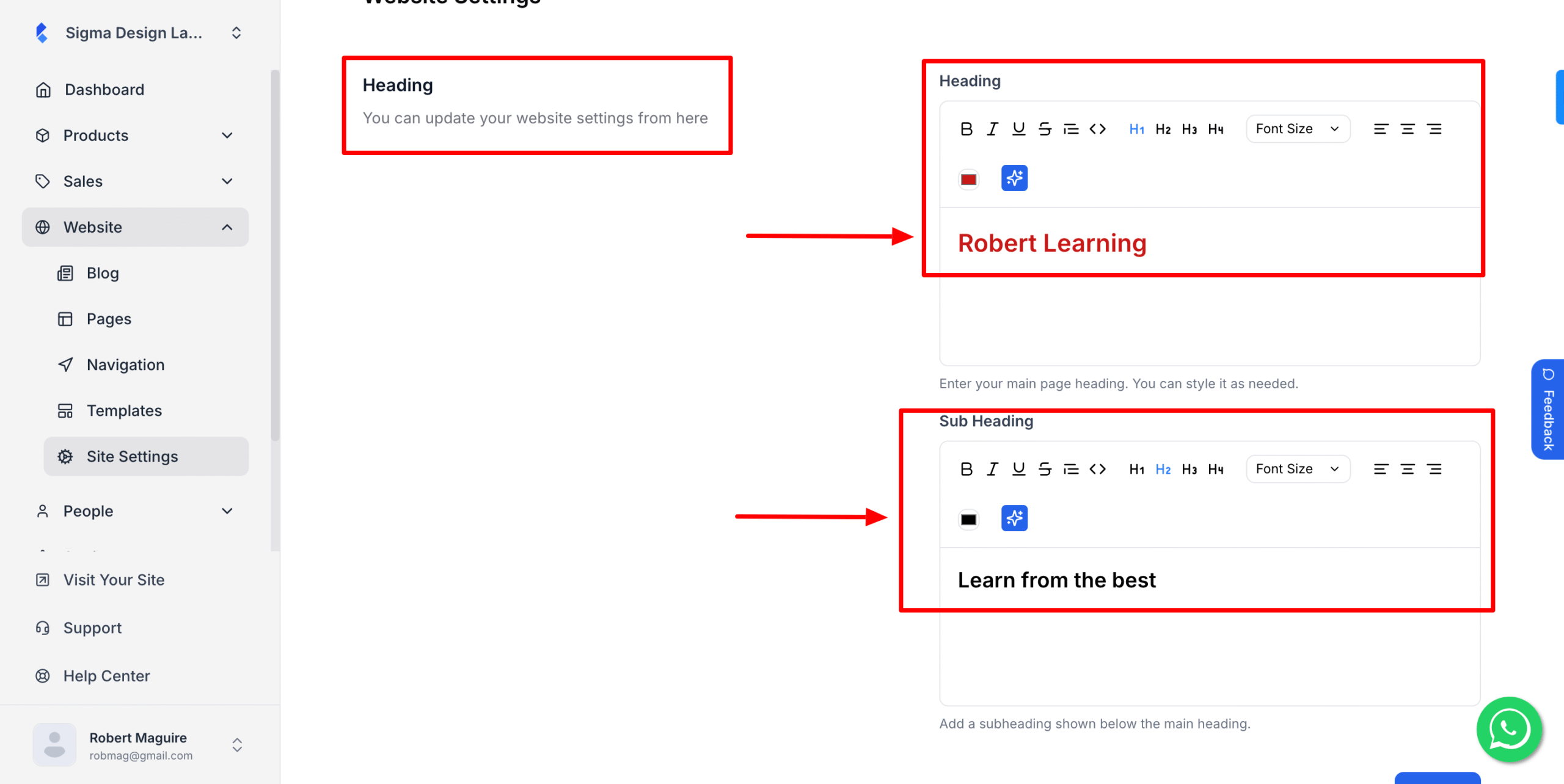 This image is a screenshot of Heading and Logo selection option under site settings.