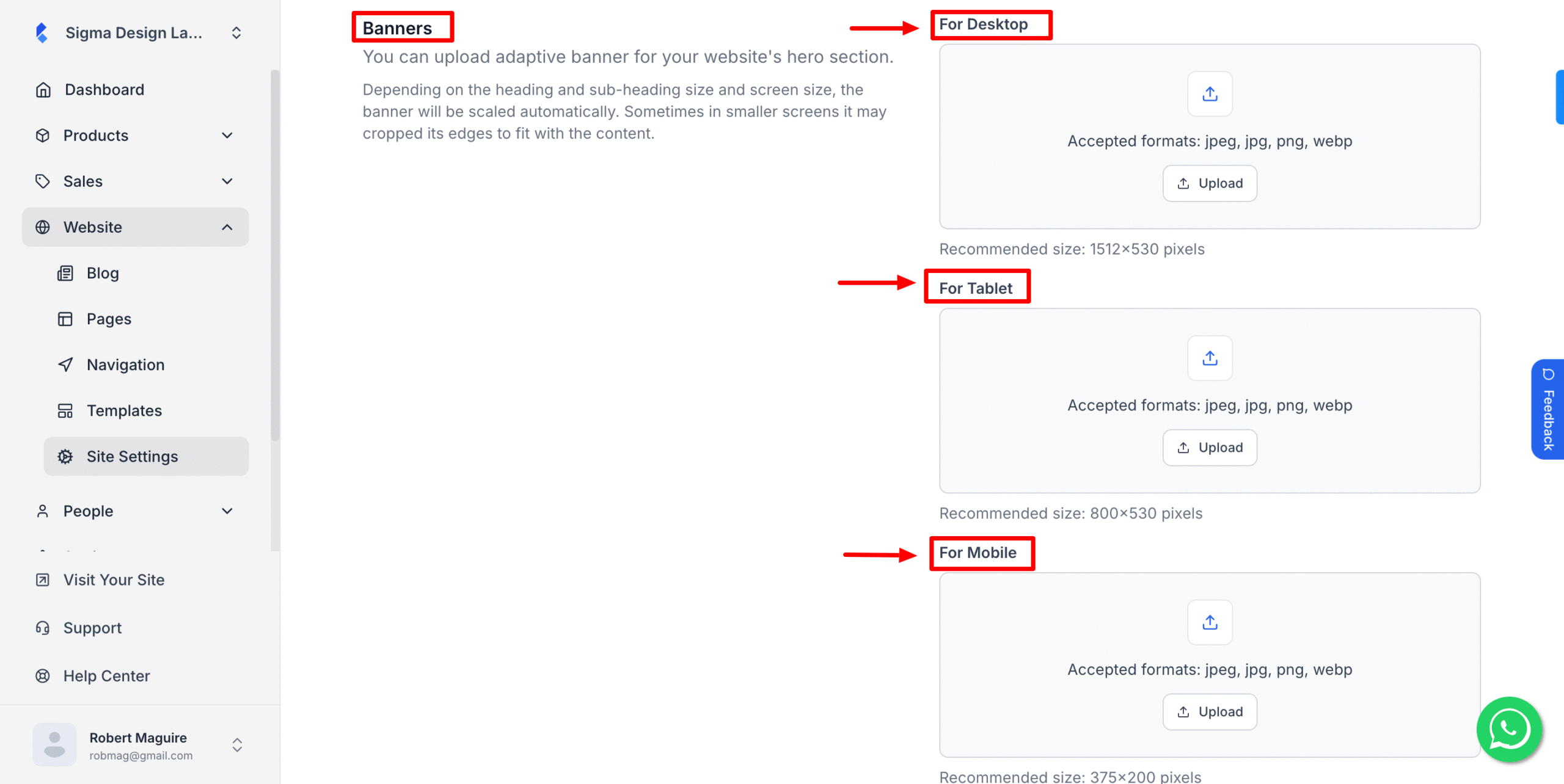 This image is a screenshot of Banner image upload option under site settings.