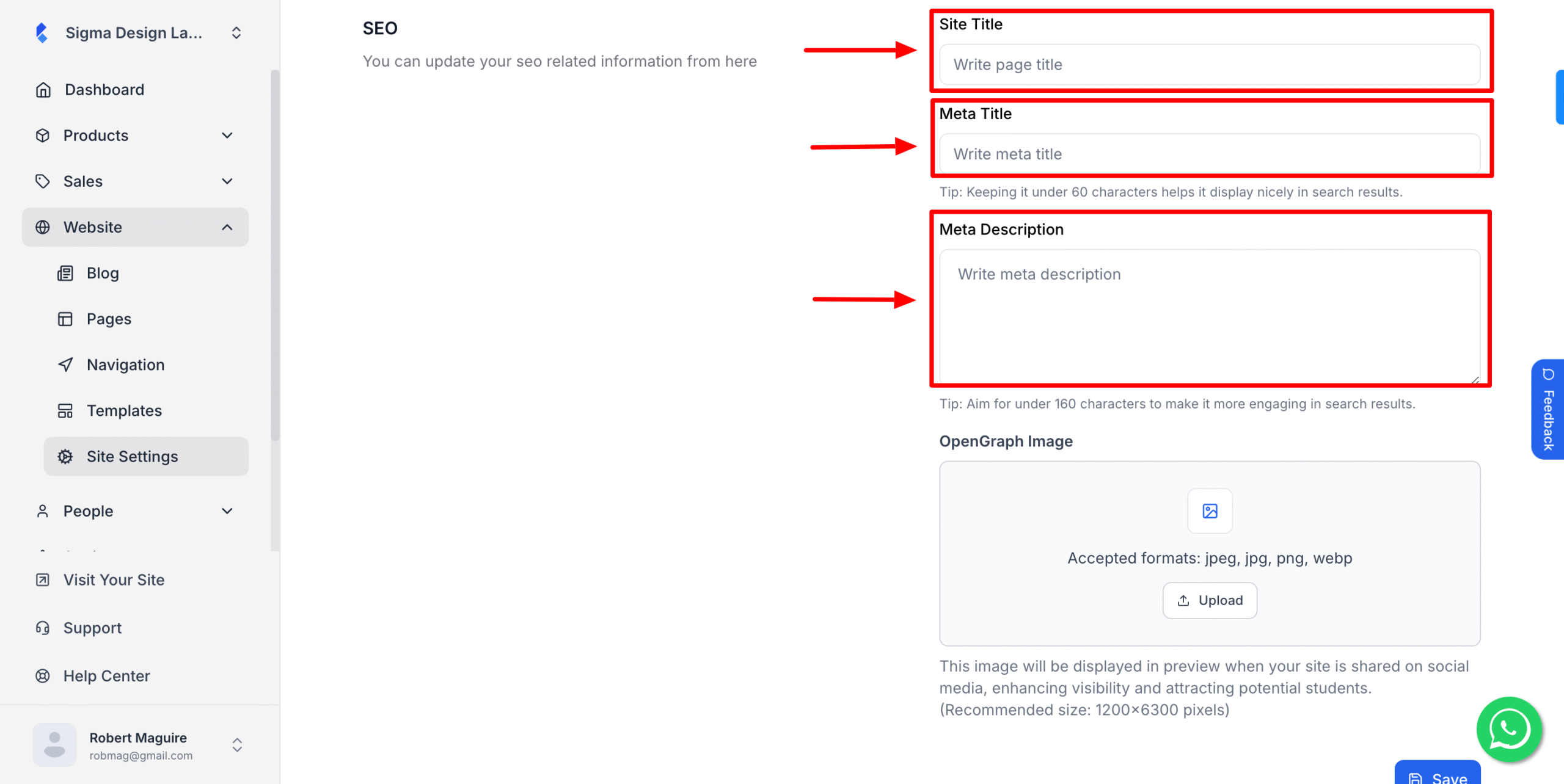 This image is a screenshot of SEO section under Klasio Site settings option.