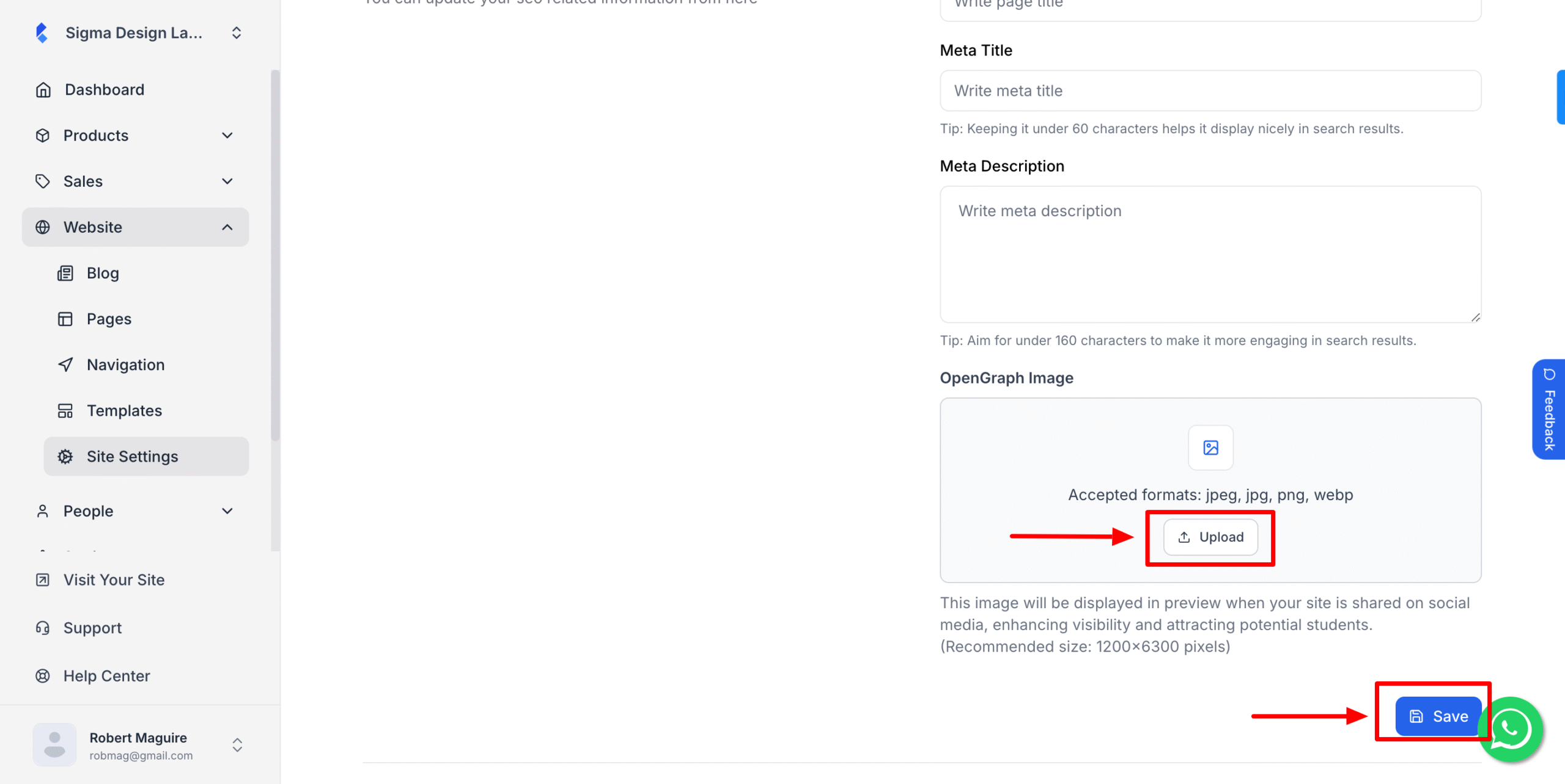 This image is a screenshot of OpenGraph image upload option inside the site settings tab under Klasio Website menu