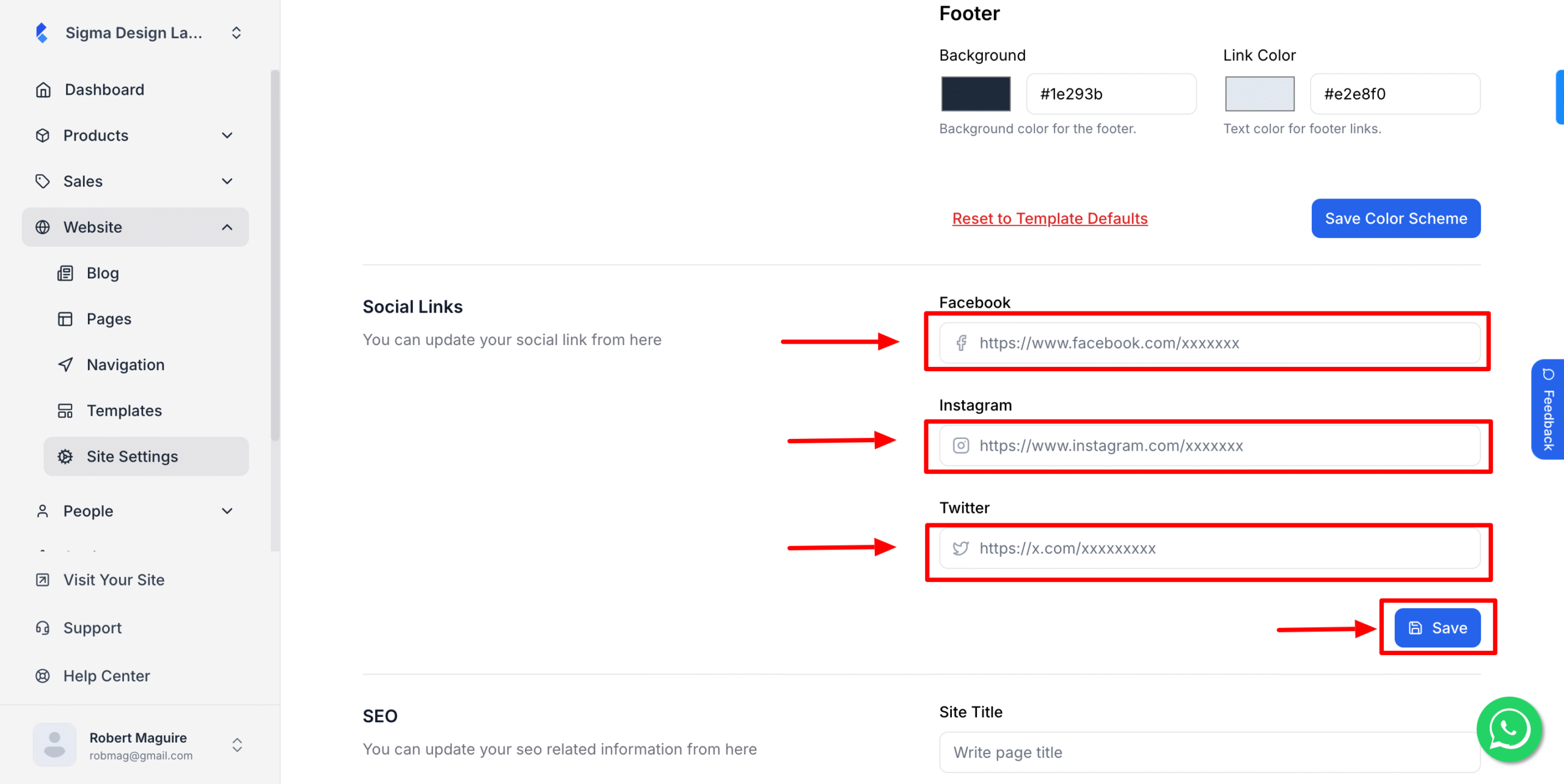 This image is a screenshot of Site Settings tab under Klasio Website menu with the option to insert social links in highlight.