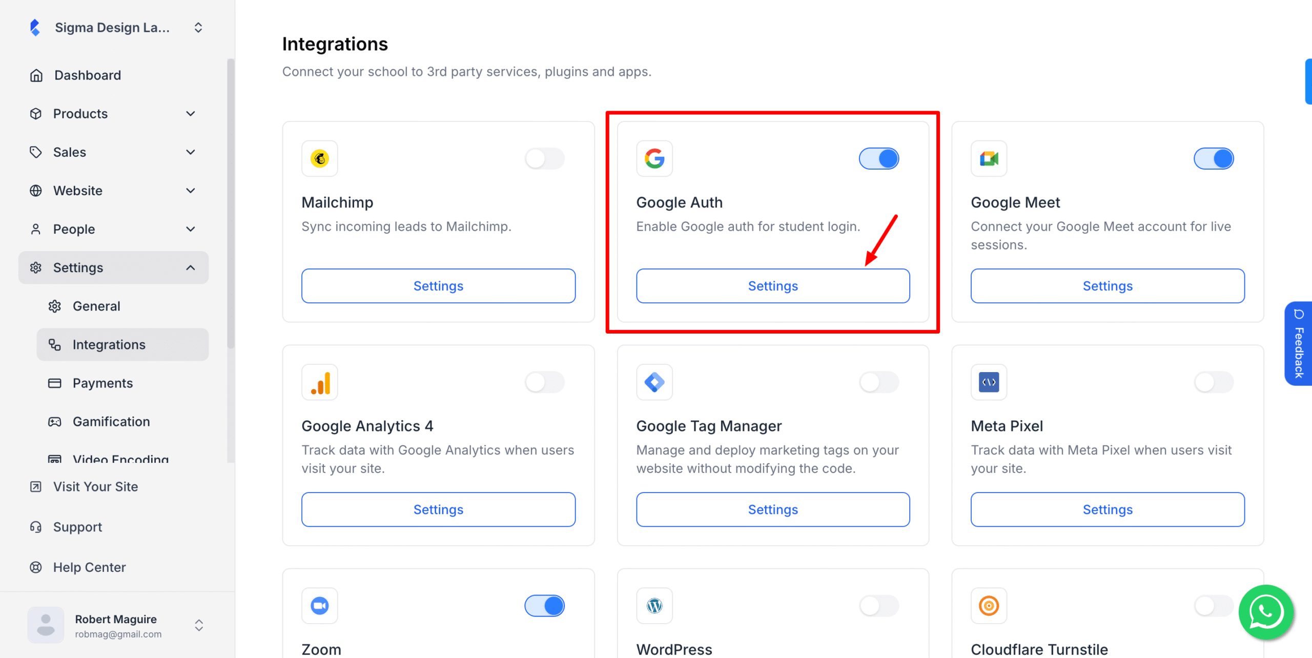 This image is a screenshot of Klasio integrations menu with Google Auth widget in highlight.