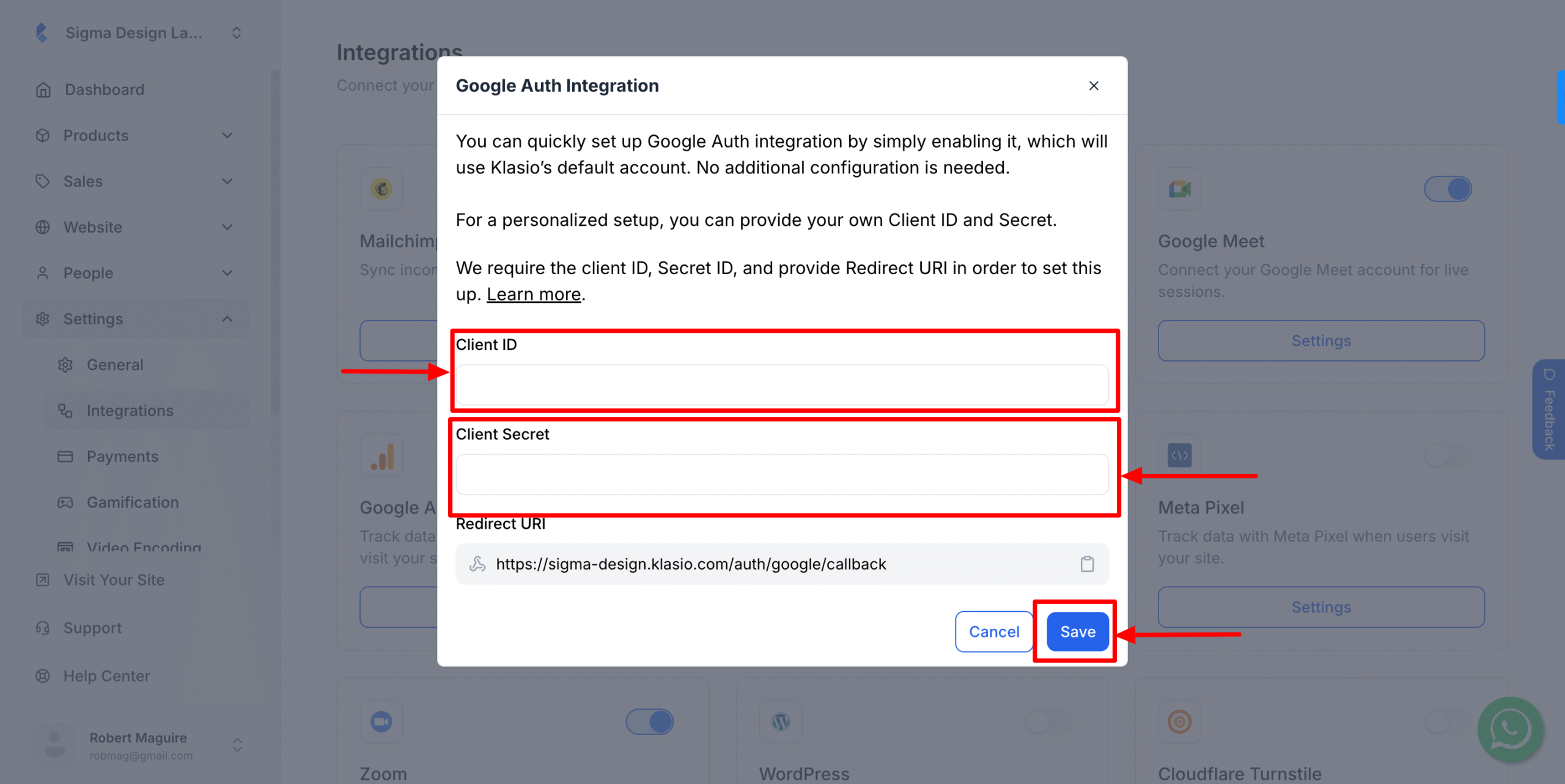 This image is a screenshot of Klasio integrations menu with Google Auth integration pop up.