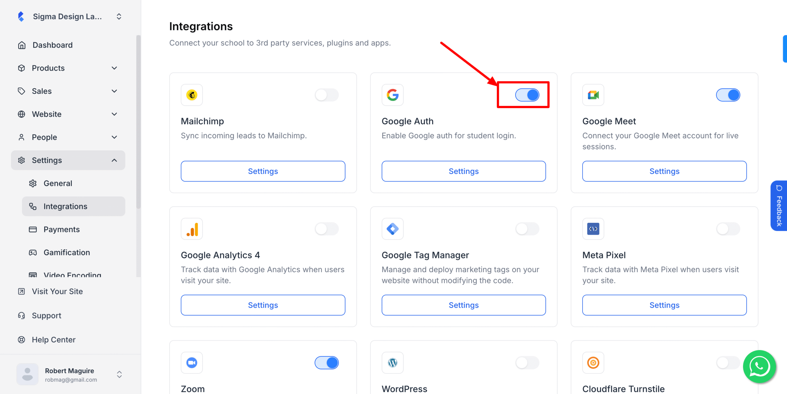 This image is a screenshot of Klasio integrations menu with Google Auth widget turn on toggle in highlight.