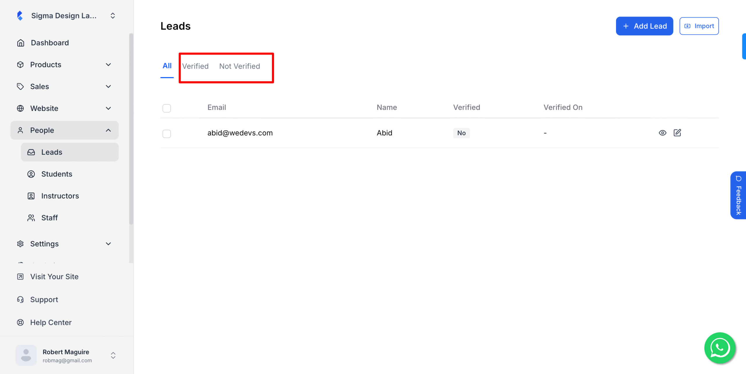 This image is a screenshot of Klasio Leads tab, with the Verified and Not Verified categories in highlight.